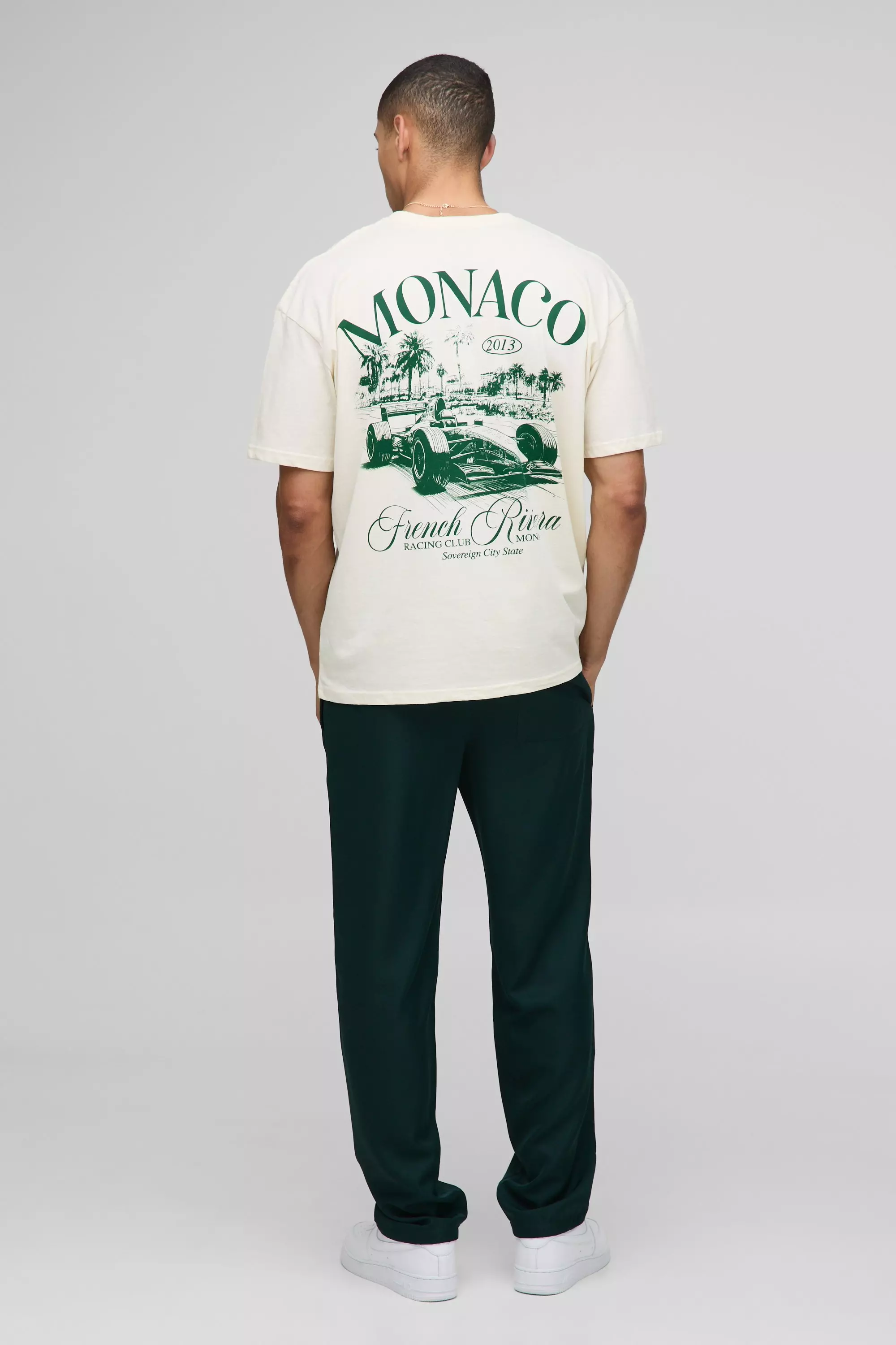Ecru Oversized Monaco Racing T-Shirt | boohooMAN USA