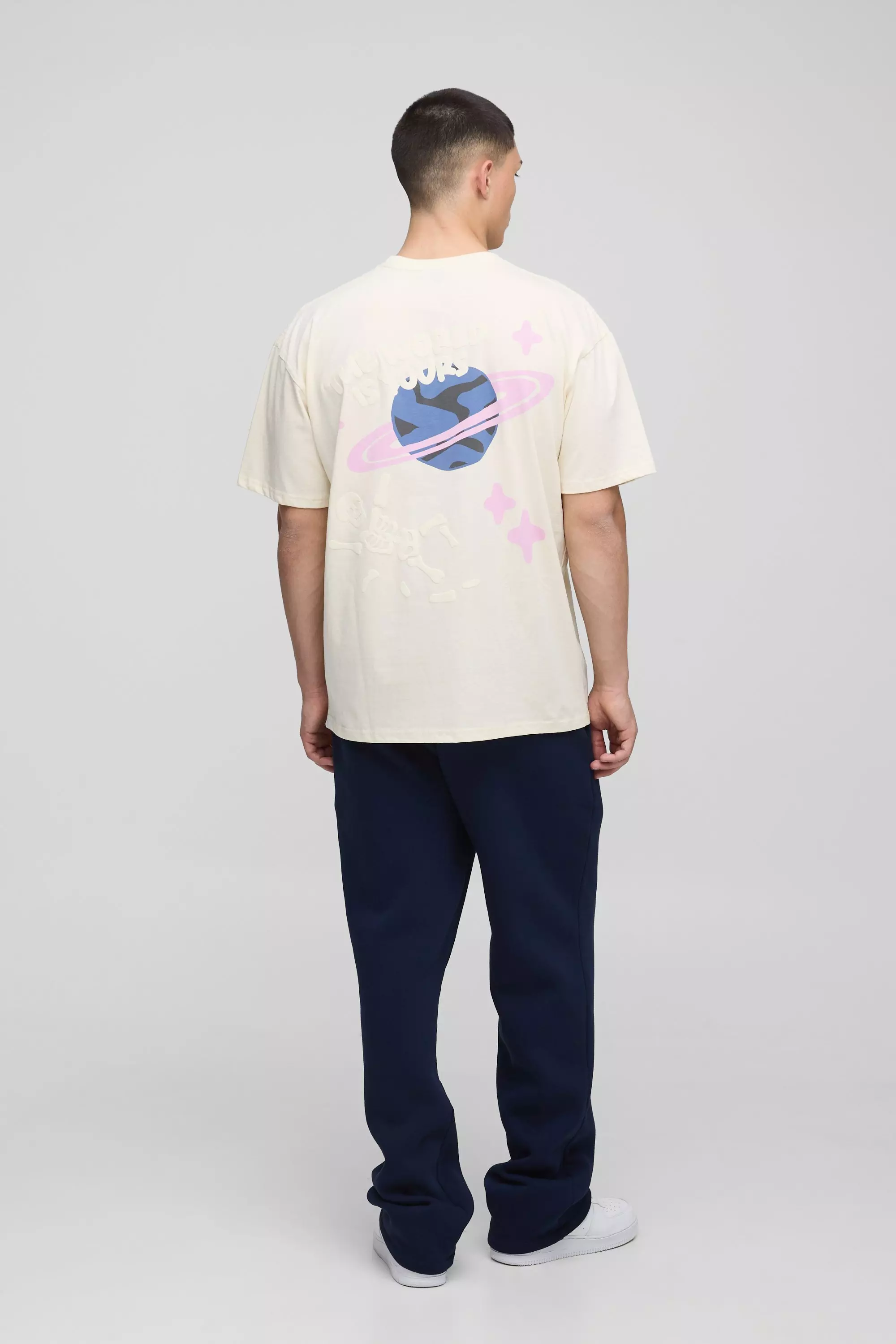 Ecru Oversized Puff Print Planet Space Graphic T Shirt | boohooMAN USA