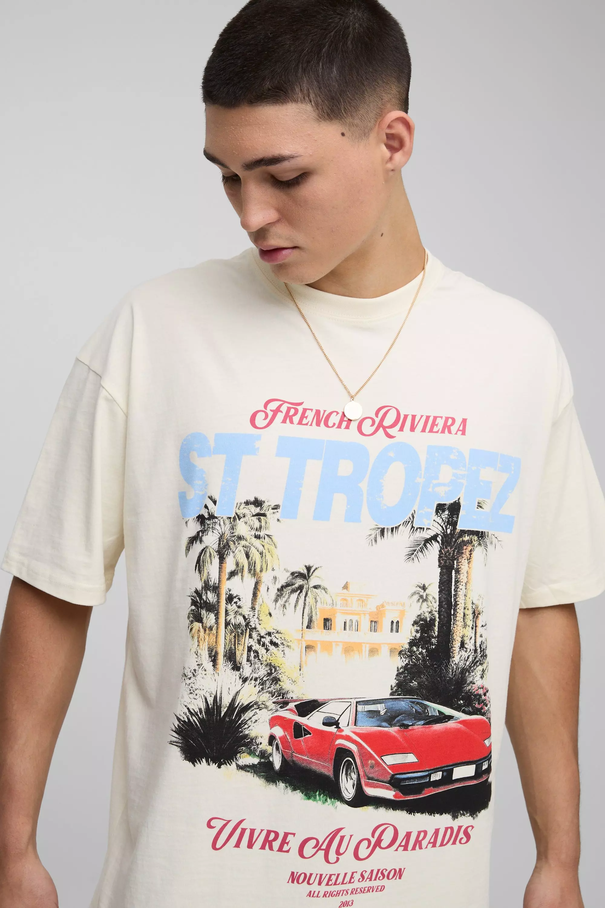 Ecru Oversized French Riviera T-Shirt | boohooMAN USA