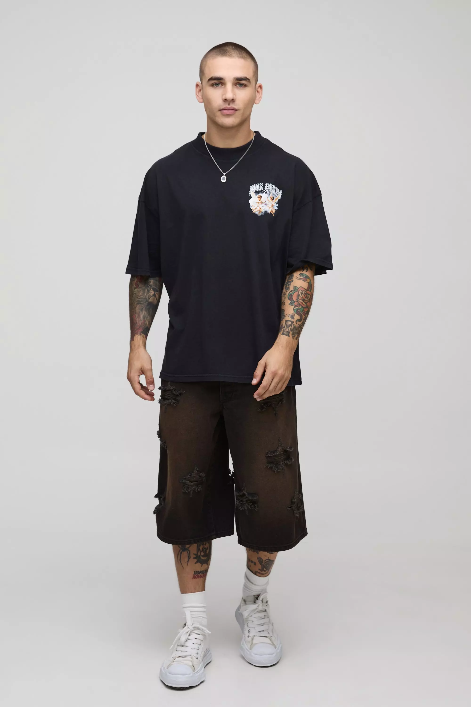 Black Oversized Extended Neck Washed Renaissance Cherub T