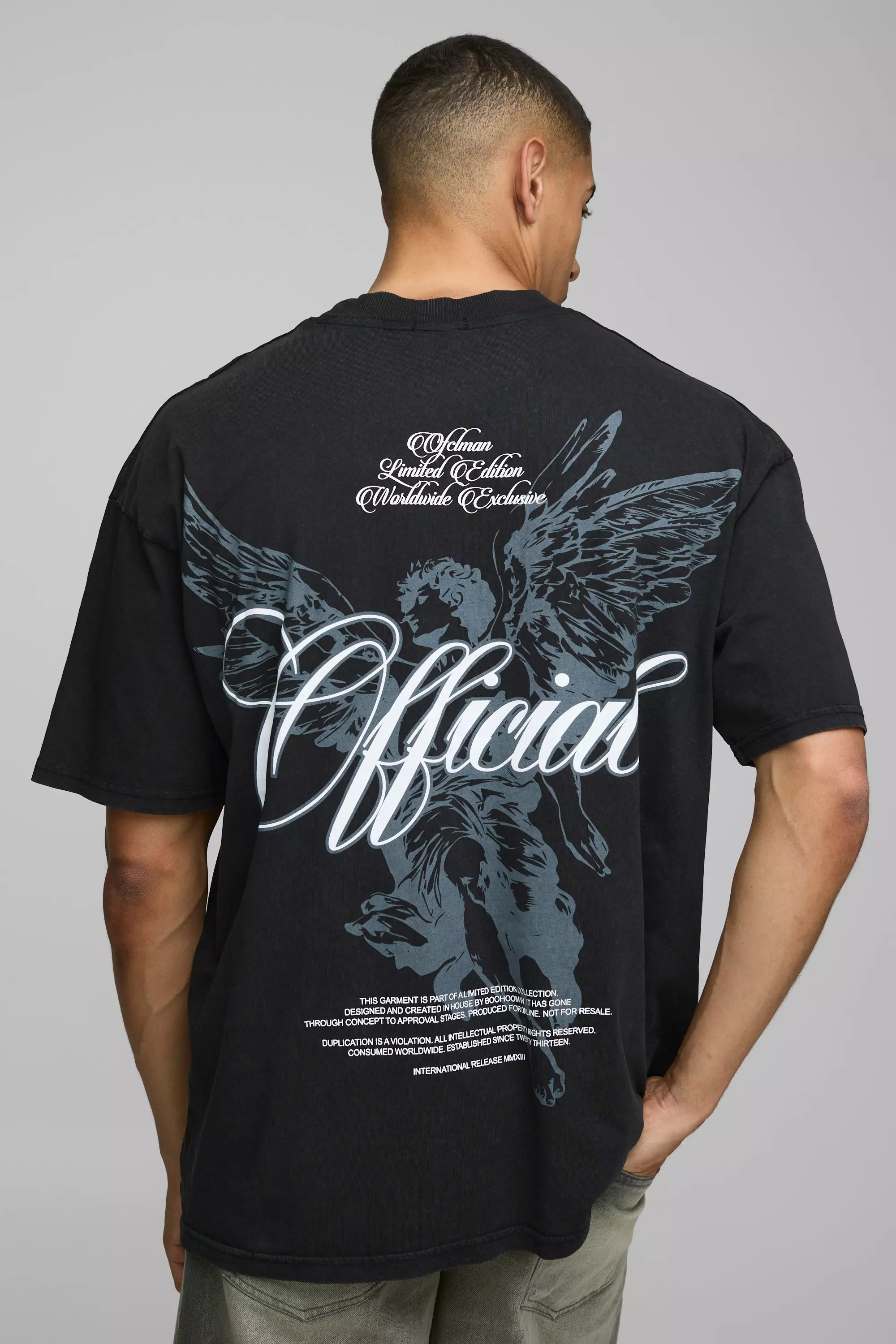 Black Oversized Extended Neck Official Renaissance Washed T-Shirt | boohooMAN USA