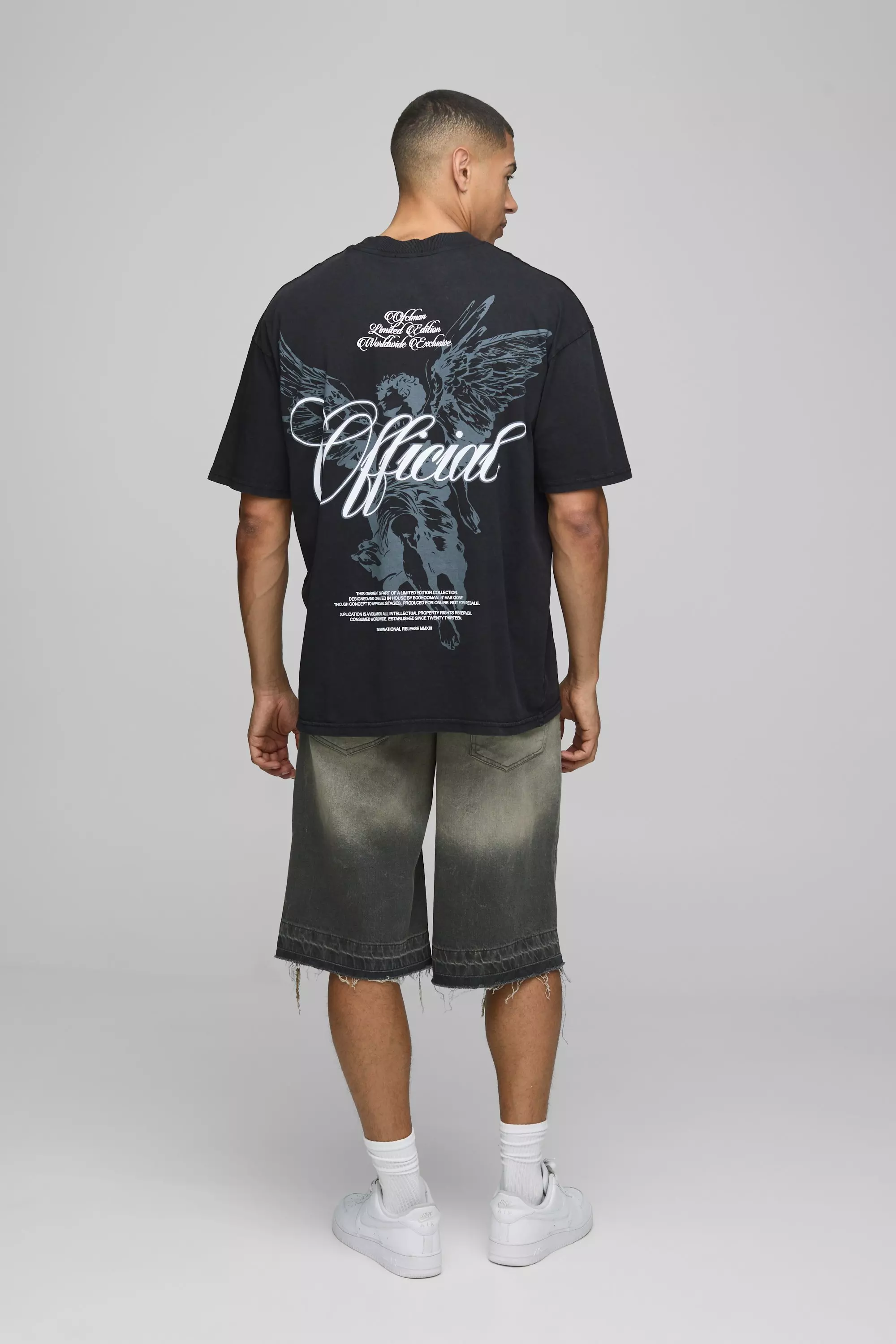 Black Oversized Extended Neck Official Renaissance Washed T-Shirt | boohooMAN USA