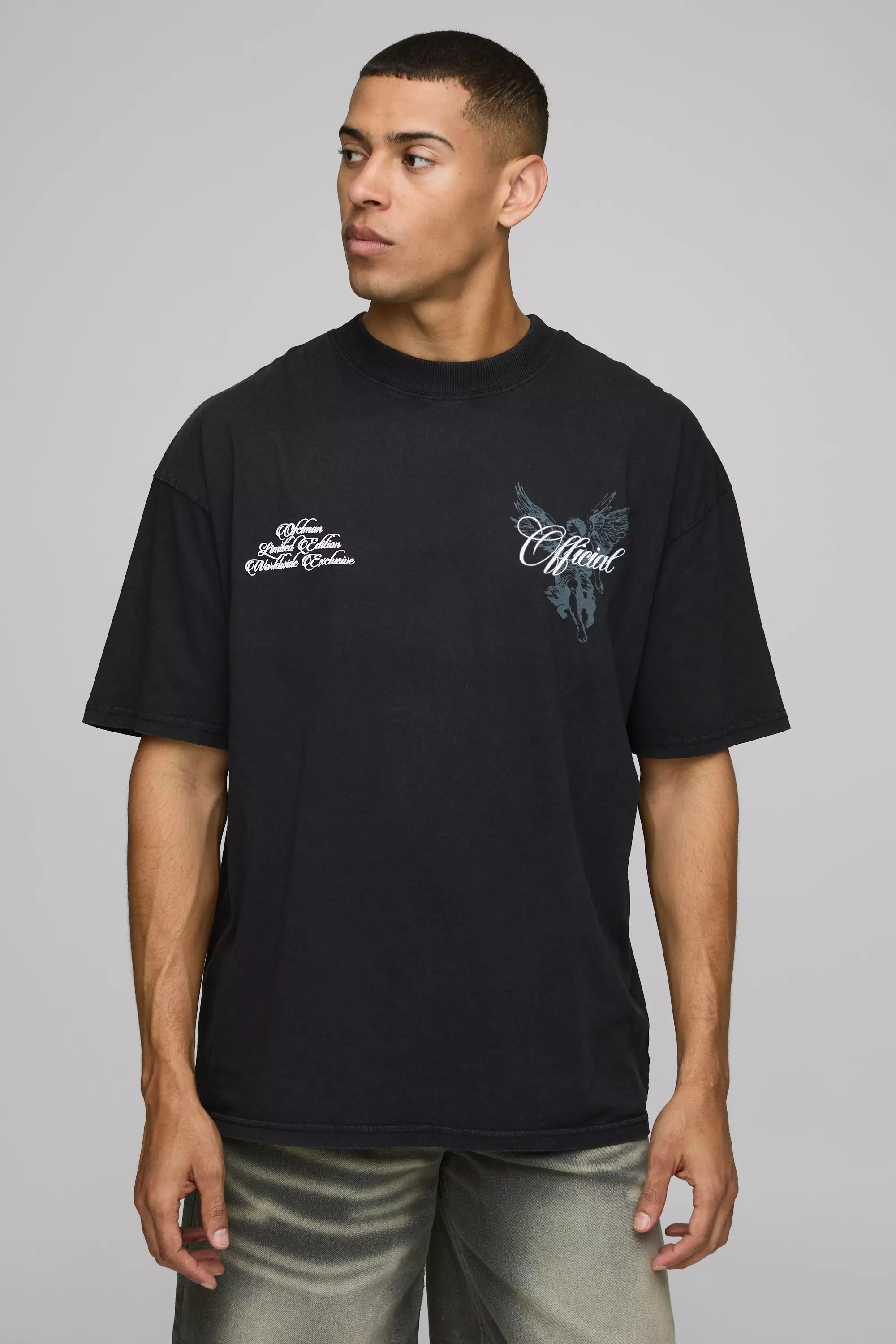 Black Oversized Extended Neck Official Renaissance Washed T-Shirt | boohooMAN USA