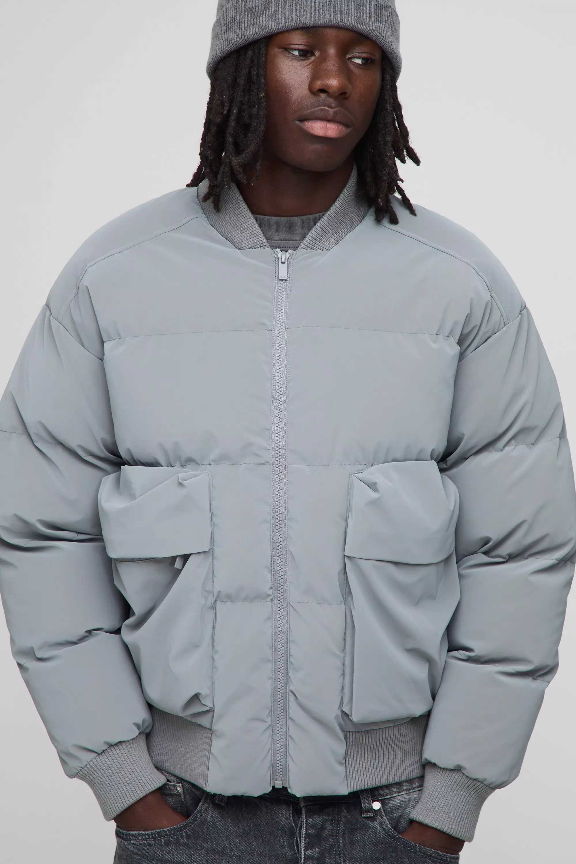 Regular Fit Padded Pocket Bomber Jacket | boohooMAN USA