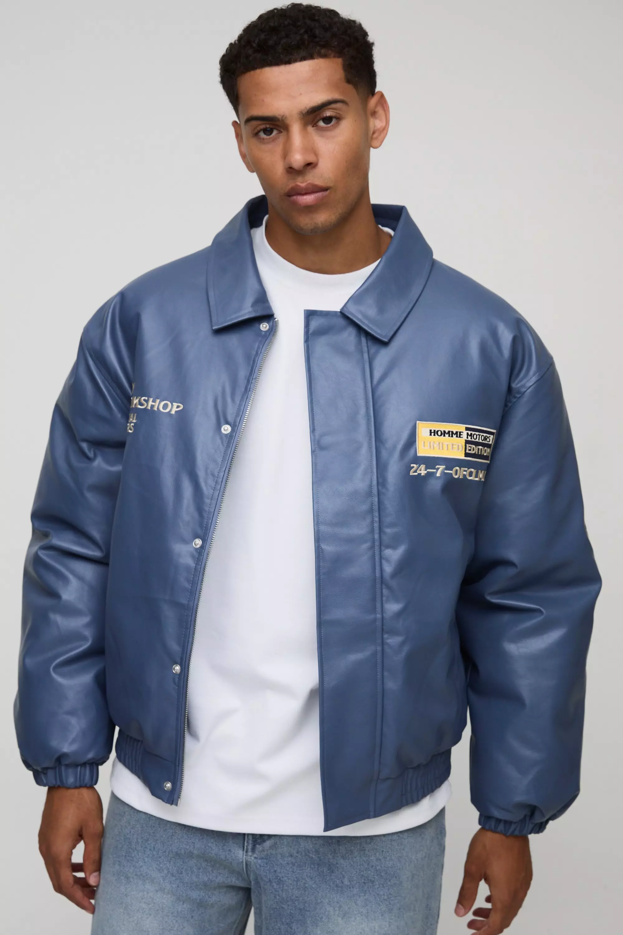 MAN Oversized Fit Badge Applique Collared Bomber Jacket | boohooMAN USA