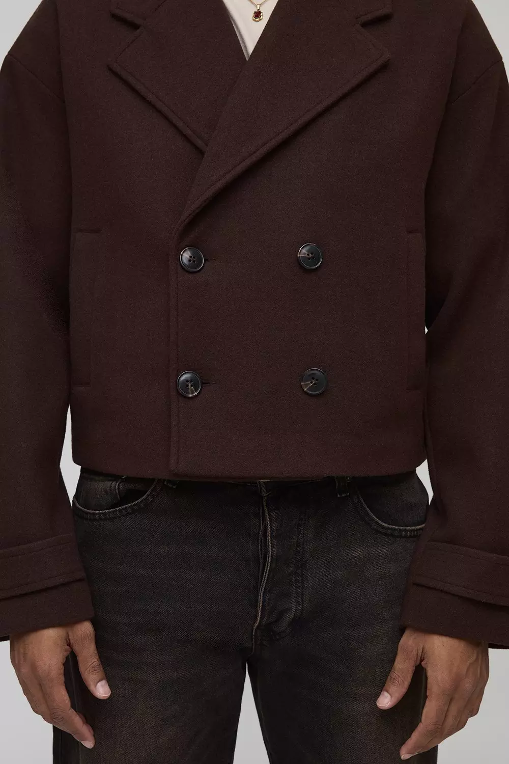 Double Breasted Cropped Melton Overcoat | boohooMAN USA