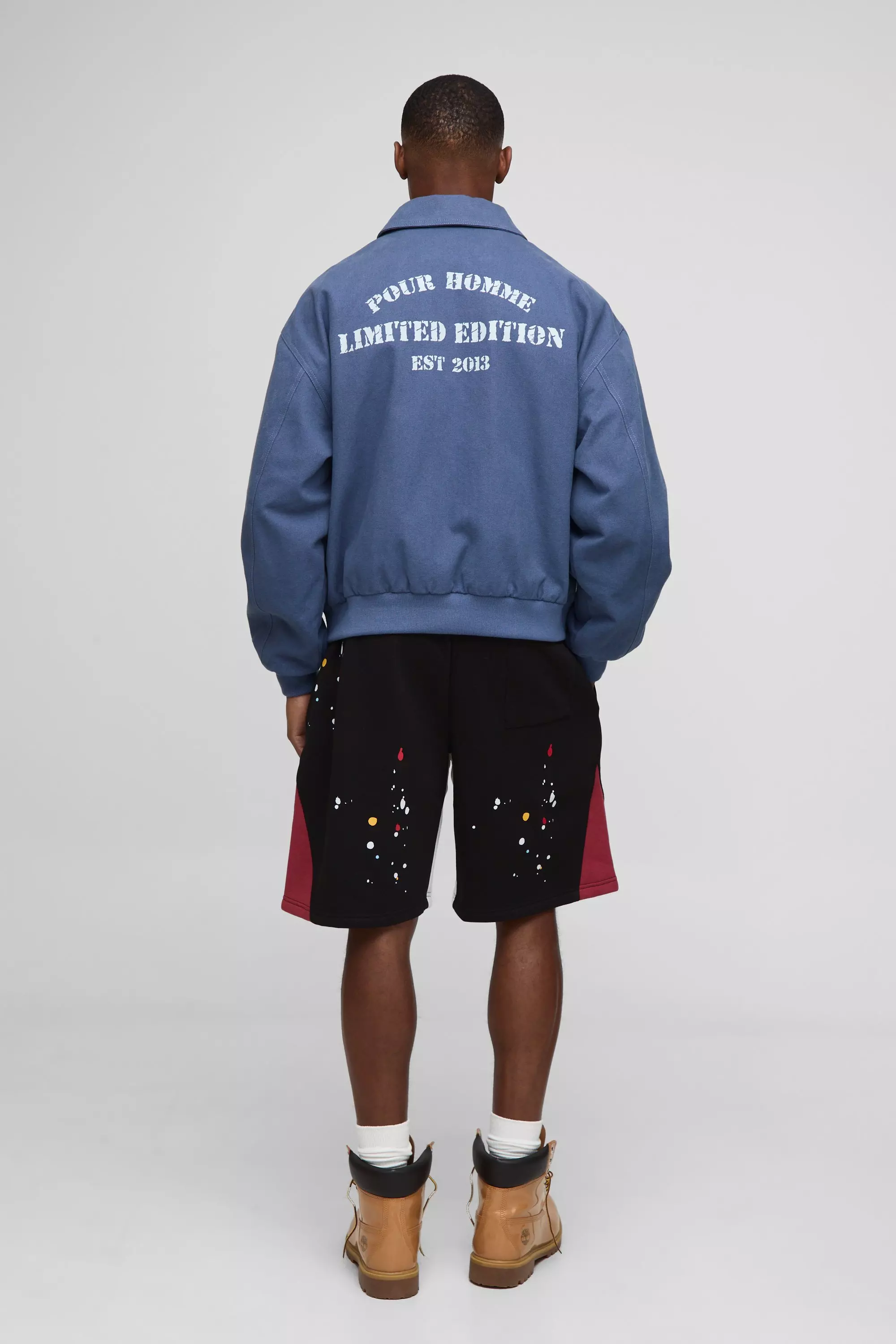 Oversized Fit Twill Printed Fold Collar Bomber Jacket | boohooMAN USA