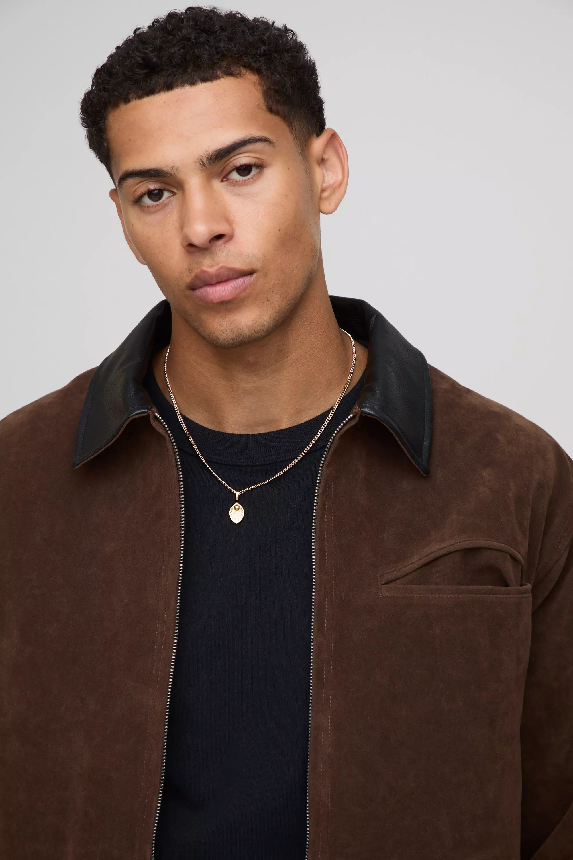 Oversized Boxy Contrast Collar Faux Suede Harrington Jacket | boohooMAN USA