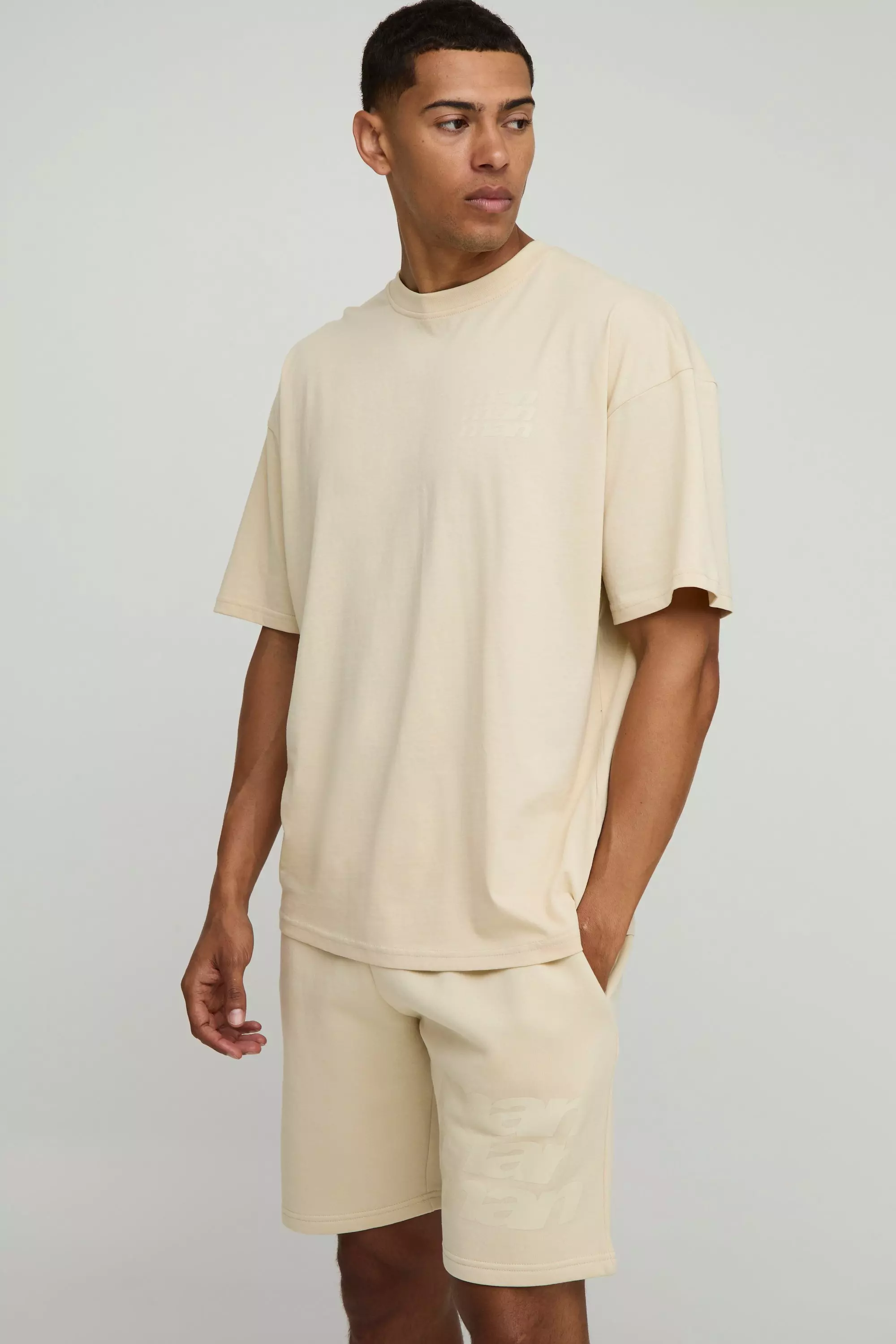 Oversized Man T-Shirt & Short Set Stone