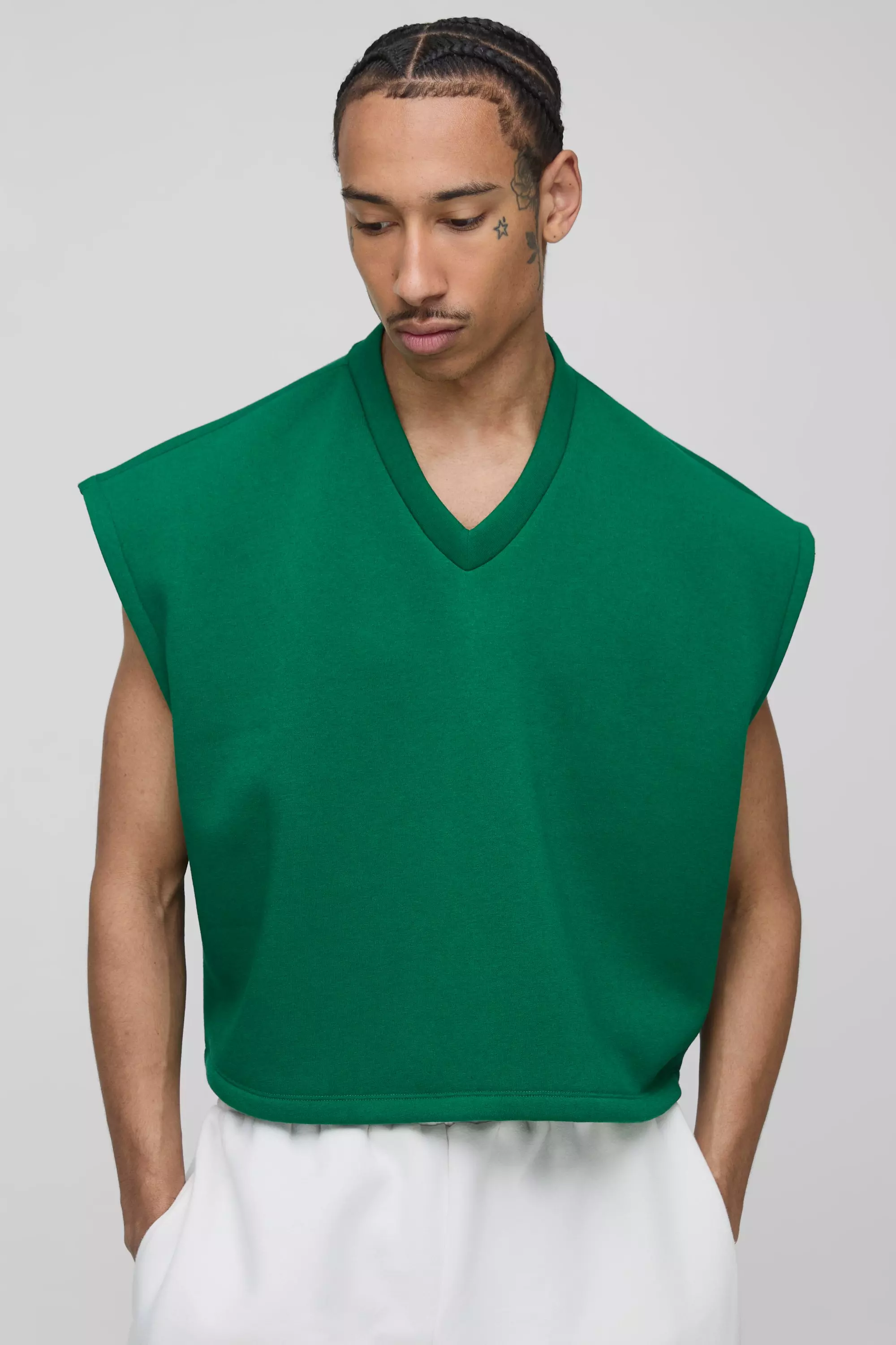 Oversized Boxy Cropped V Neck Sweatshirt Vest Forest