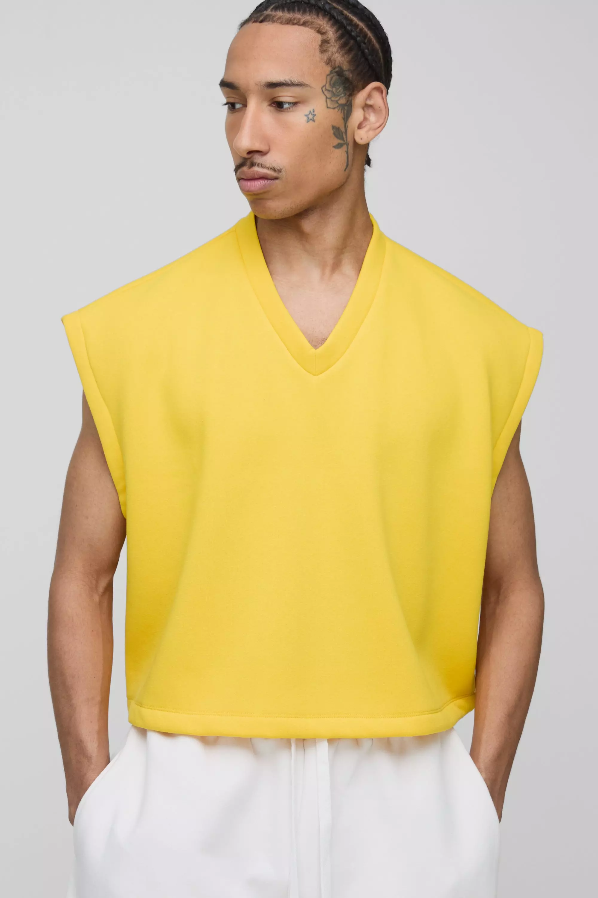 Oversized Boxy Cropped V Neck Sweatshirt Vest Mustard
