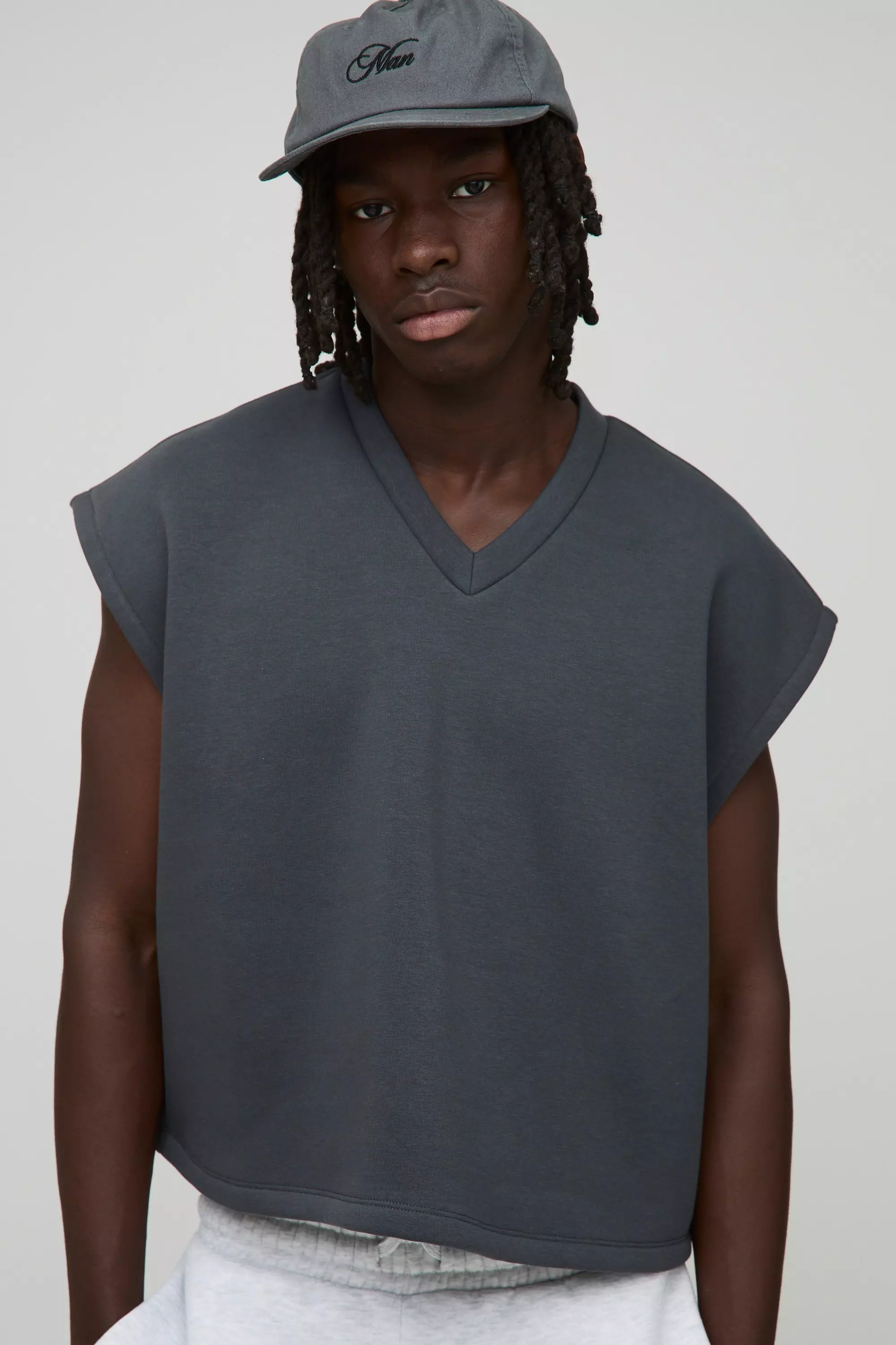 Oversized Boxy Cropped V Neck Sweatshirt Vest Charcoal