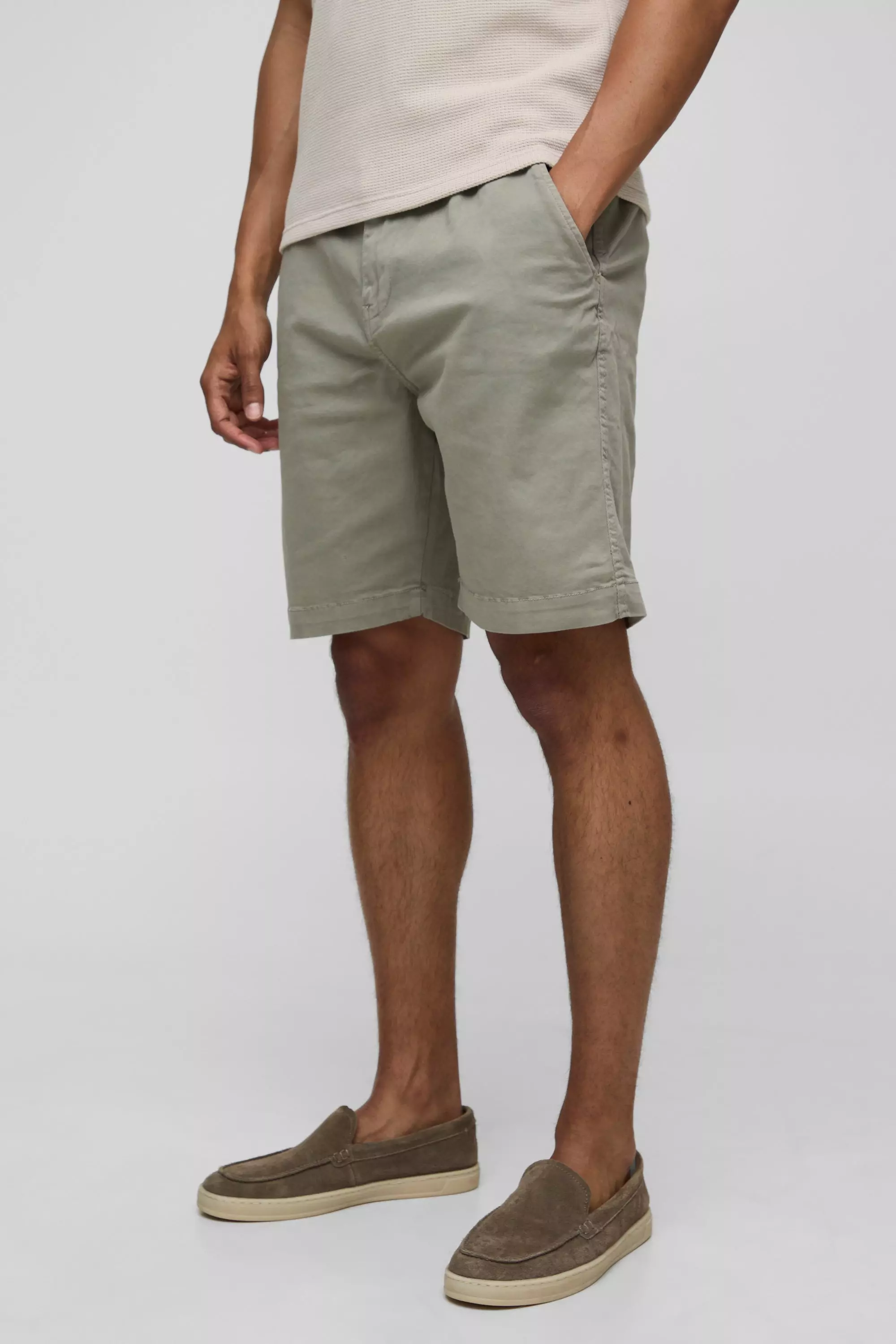 Half Fixed Waistband Relaxed Long Length Shorts Taupe