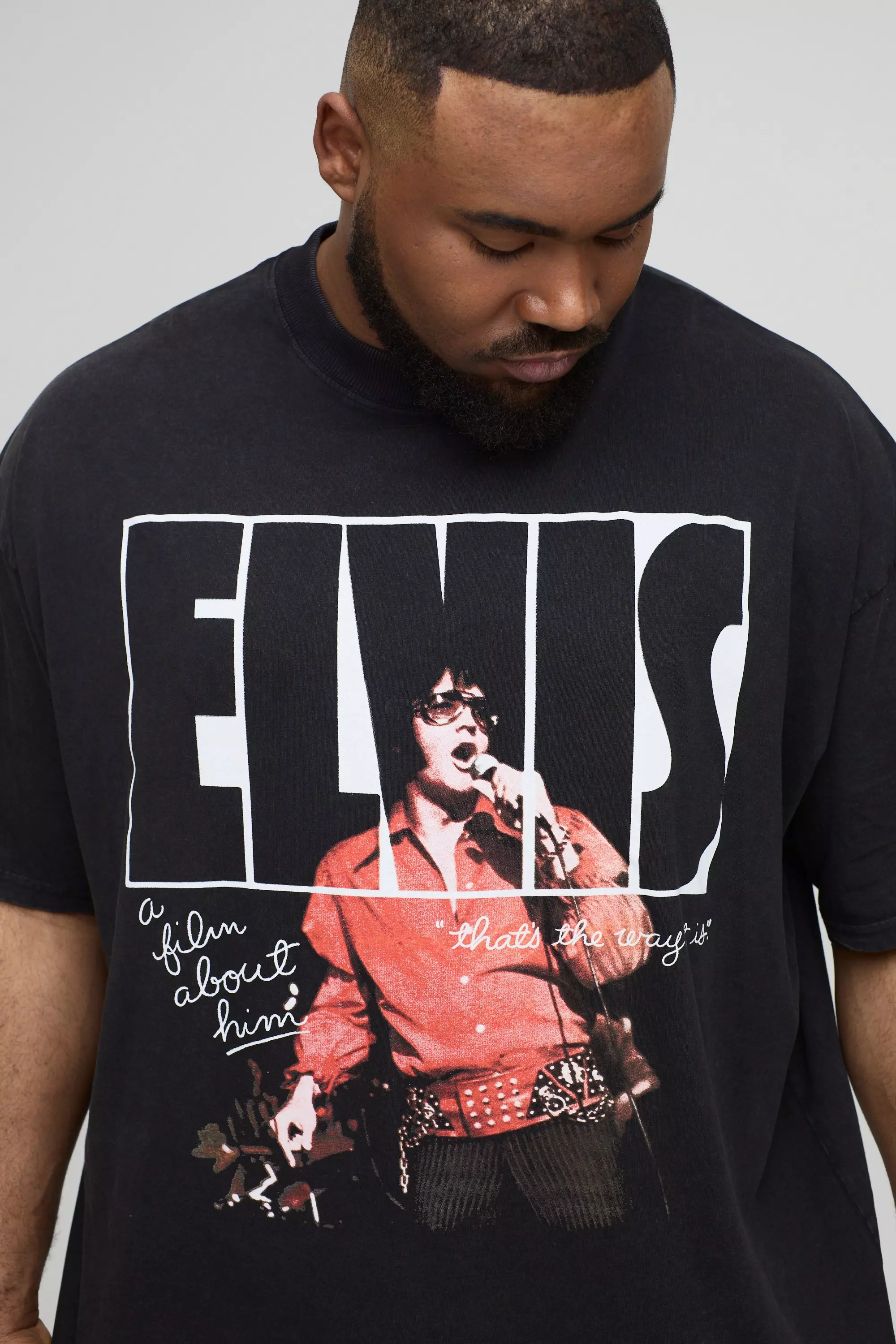Plus Oversized Elvis Presley License Acid Wash Print T-Shirt | boohooMAN USA