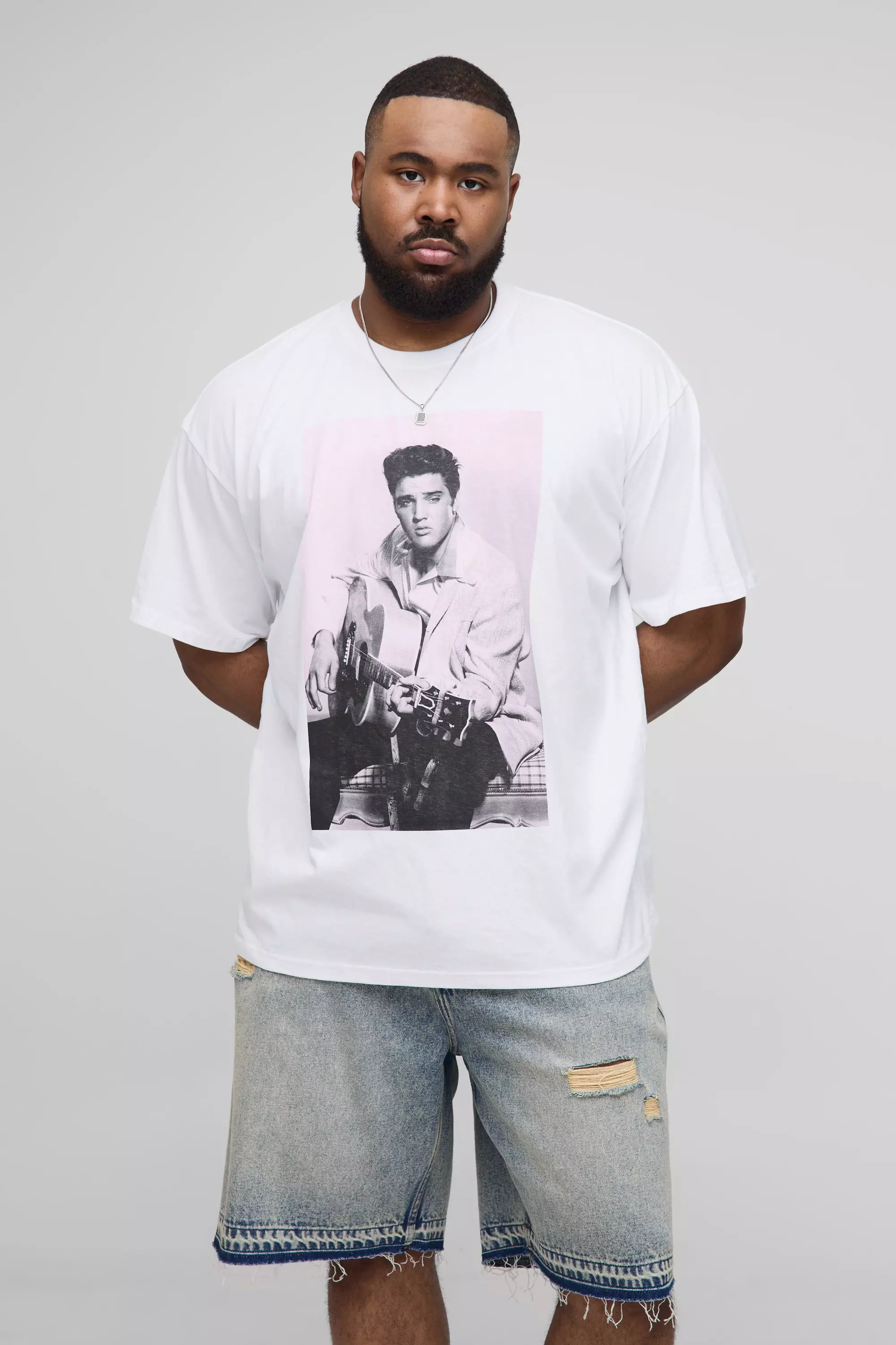 Plus Oversized Elvis Presley License Overdye Print T-Shirt White