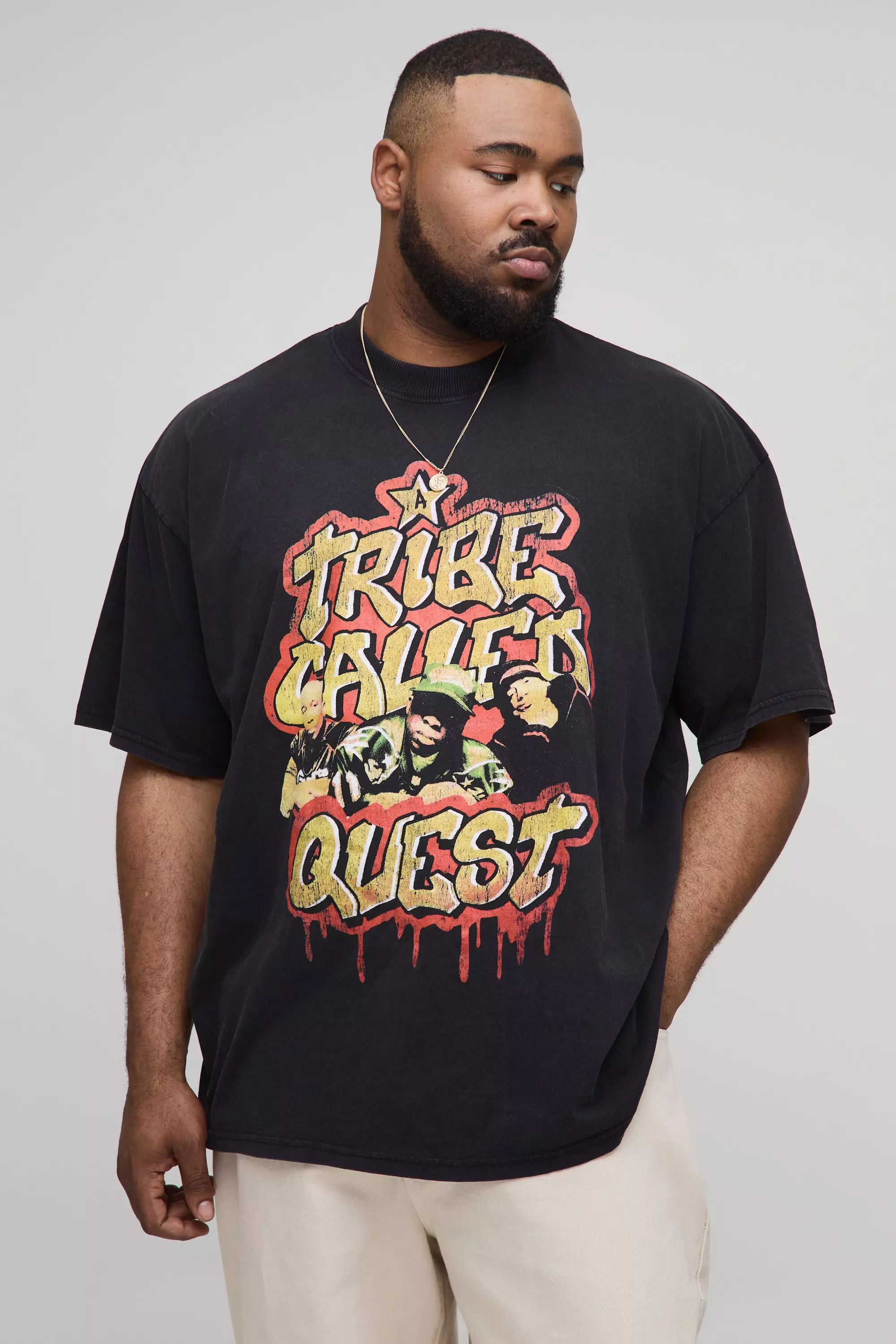 Plus Oversized A Tribe Called Quest License Acid Wash Print T-Shirt Acid wash black