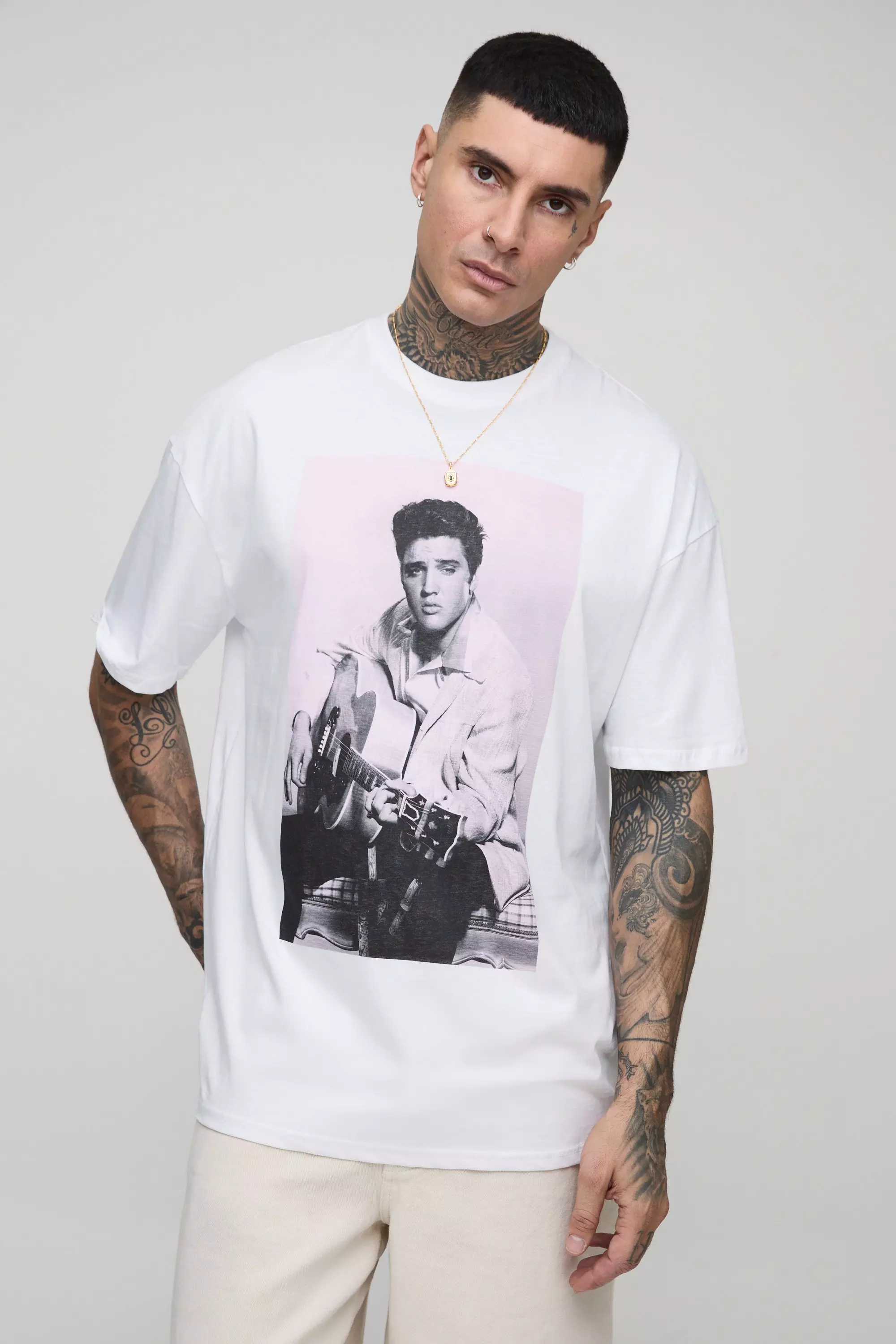 Tall Oversized Elvis Presley License Overdye Print T-Shirt White
