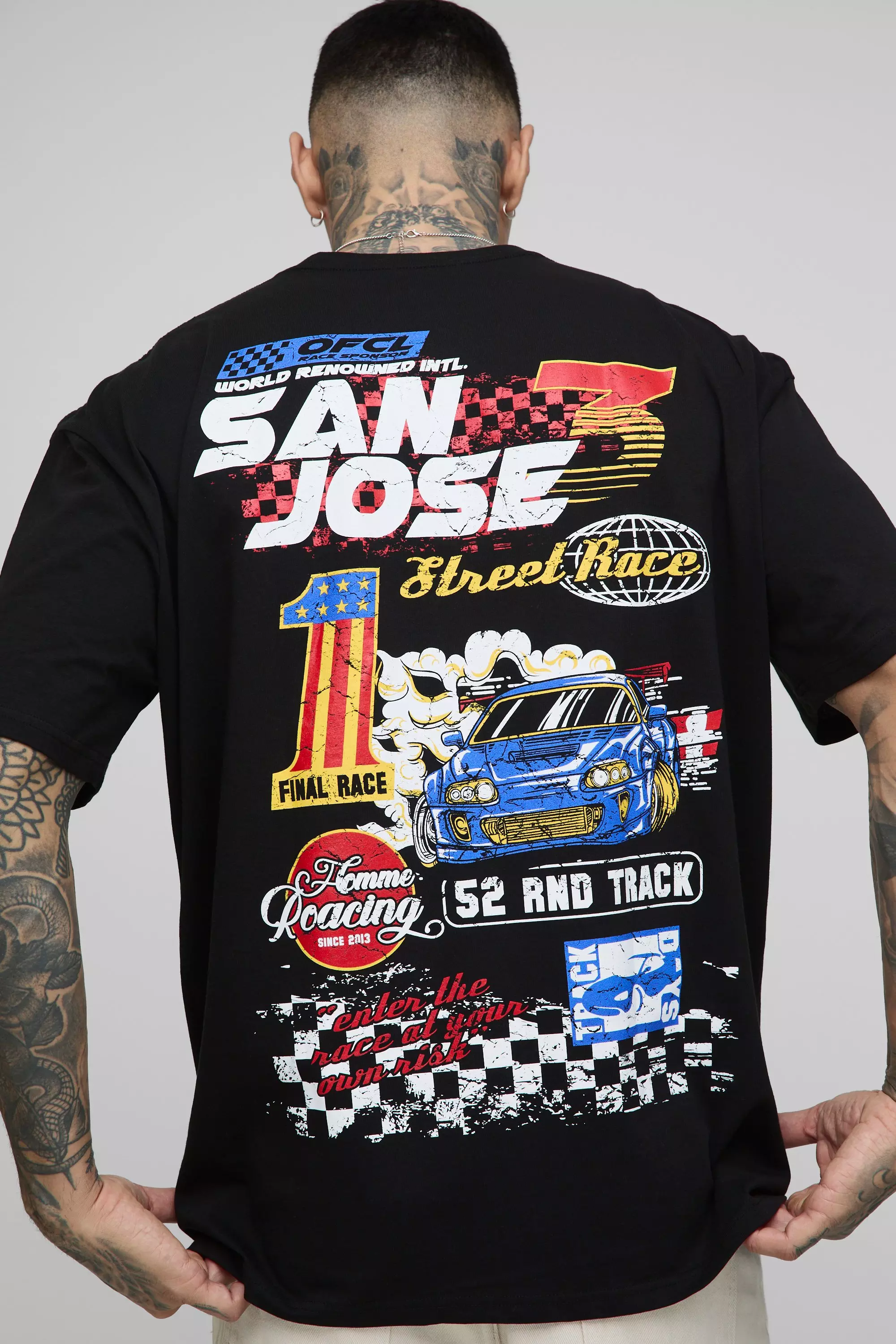 Black Tall Oversized San Jose Moto T-Shirt Met Print alternatieve afbeelding
