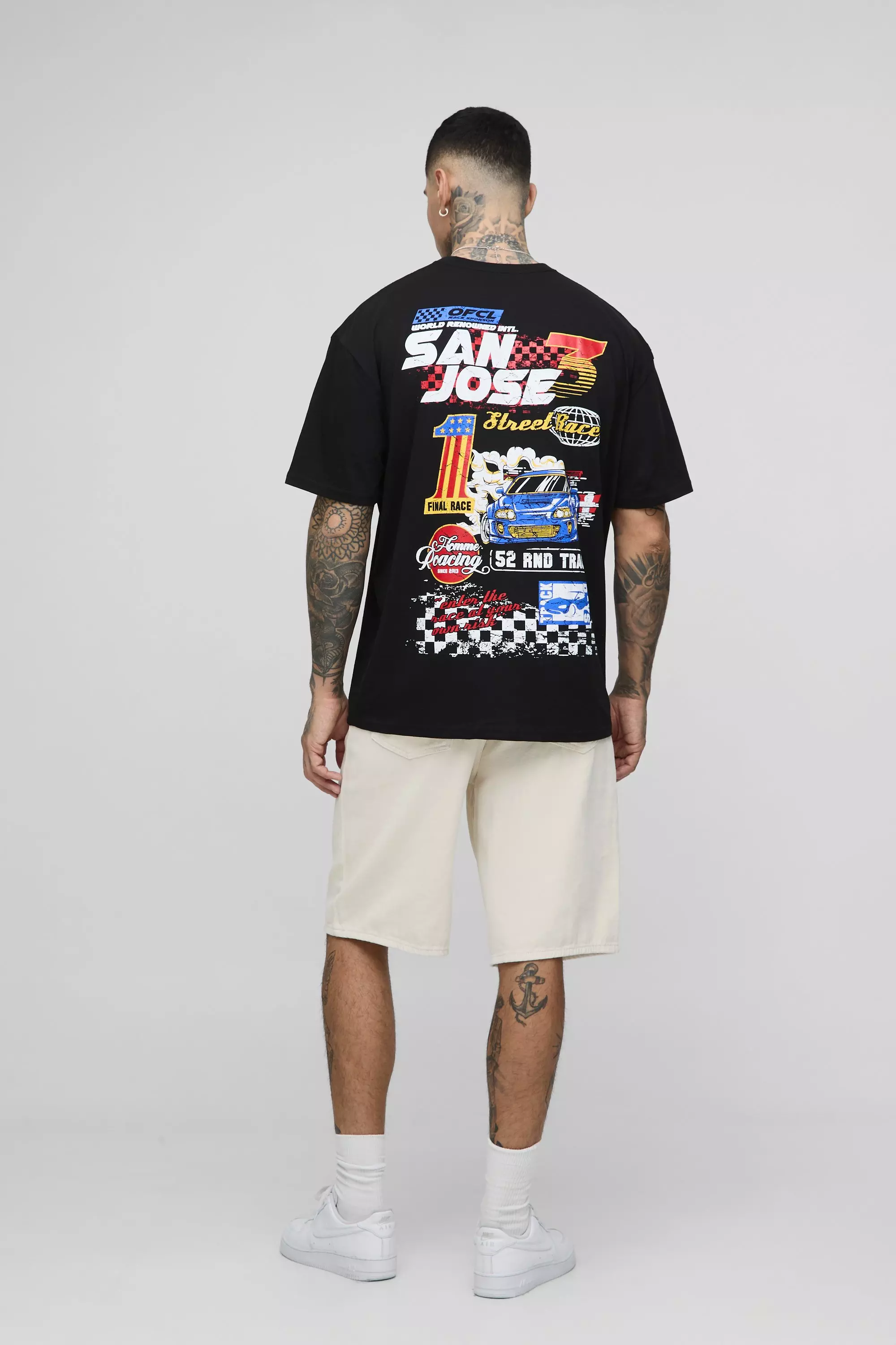 Black Tall Oversized San Jose Moto T-Shirt Met Print alternatieve afbeelding