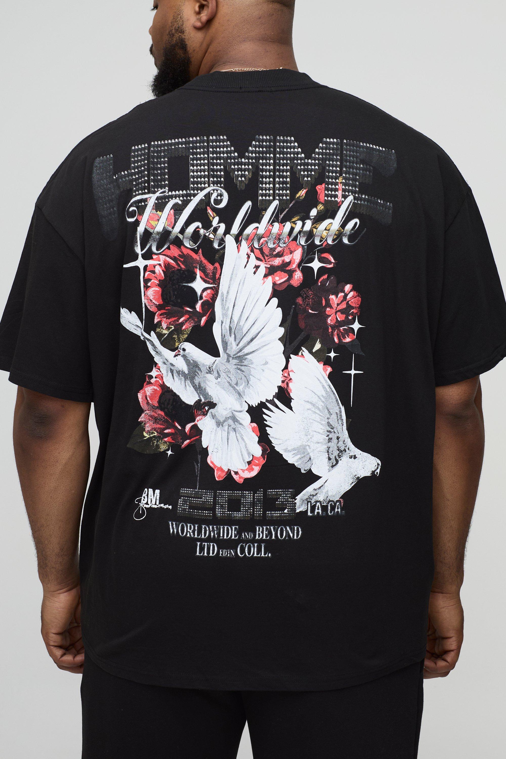 Plus Oversized Extended Neck Large Scale Homme Renaissance Floral Print T-Shirt | boohooMAN UK