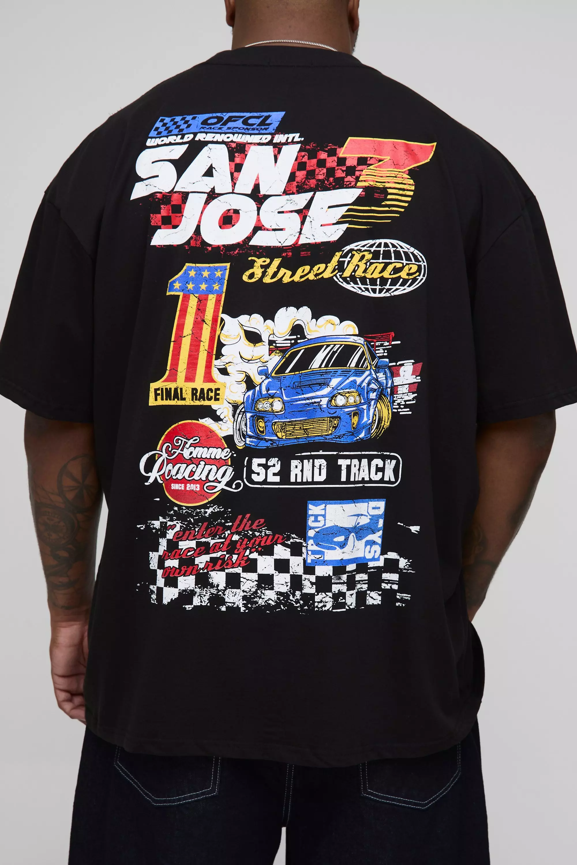 Plus Oversized Extended Neck San Jose Moto Print T-Shirt Black