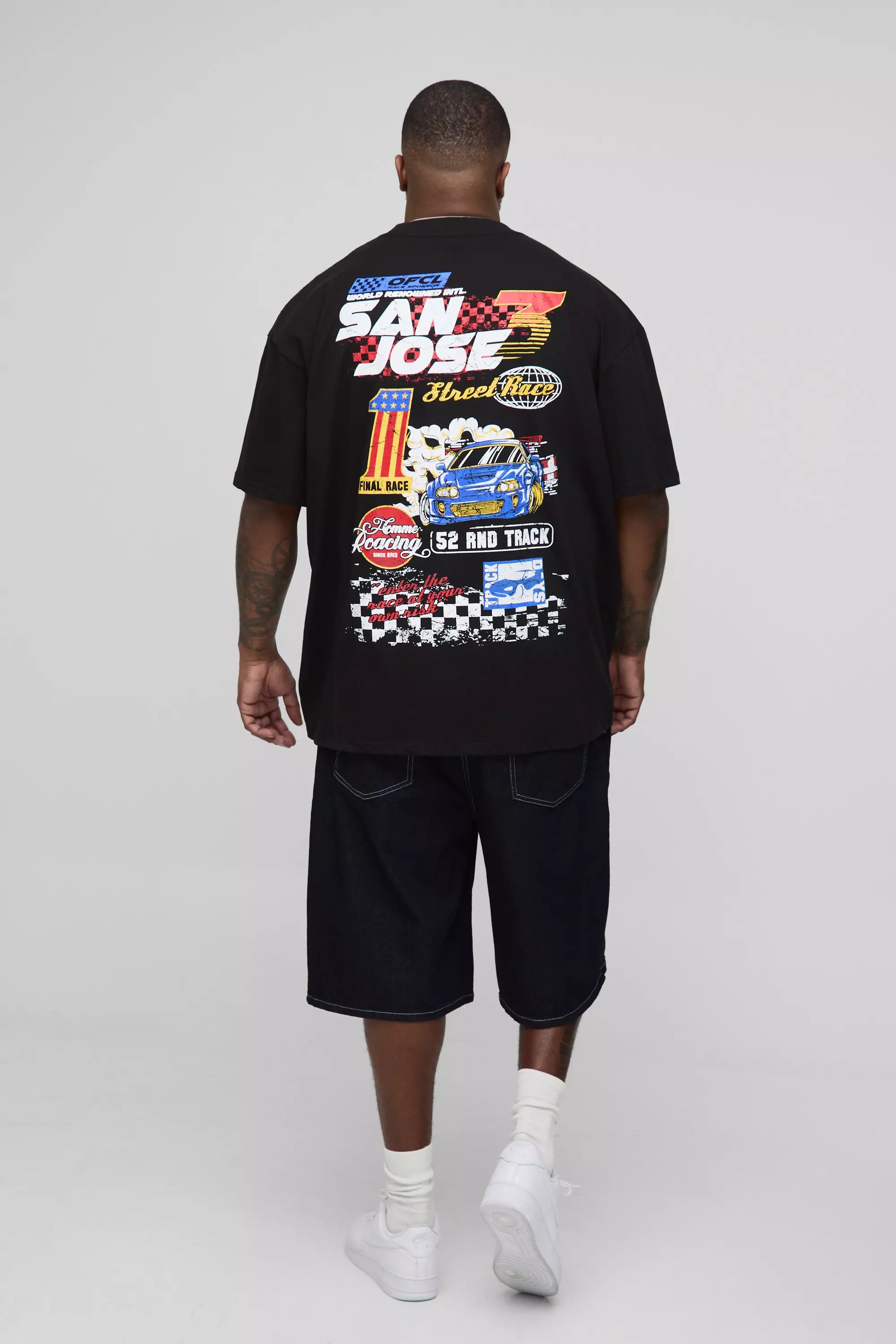 Plus Oversized Extended Neck San Jose Moto Print T-Shirt | boohooMAN USA