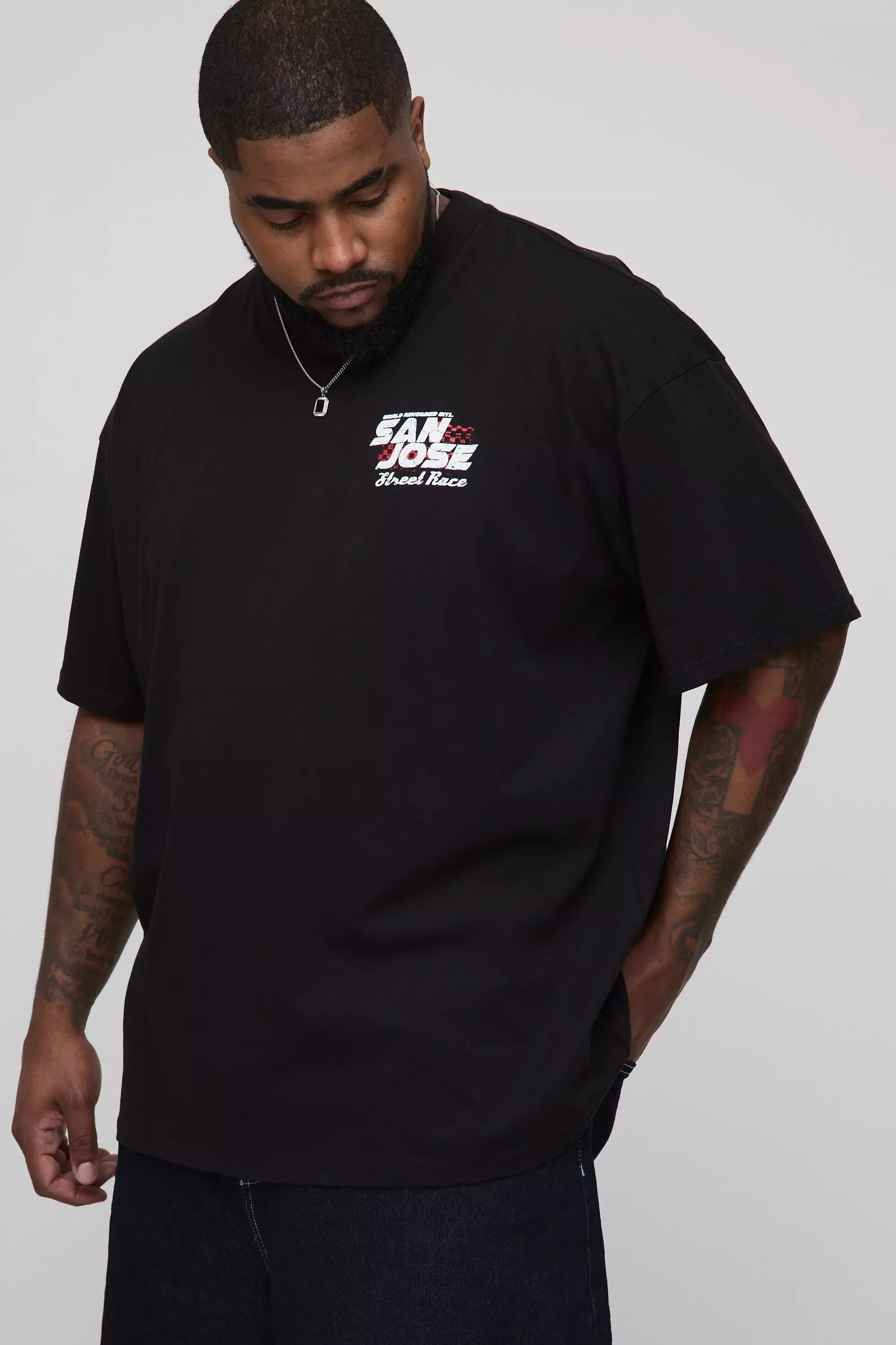 Plus Oversized Extended Neck San Jose Moto Print T-Shirt | boohooMAN USA