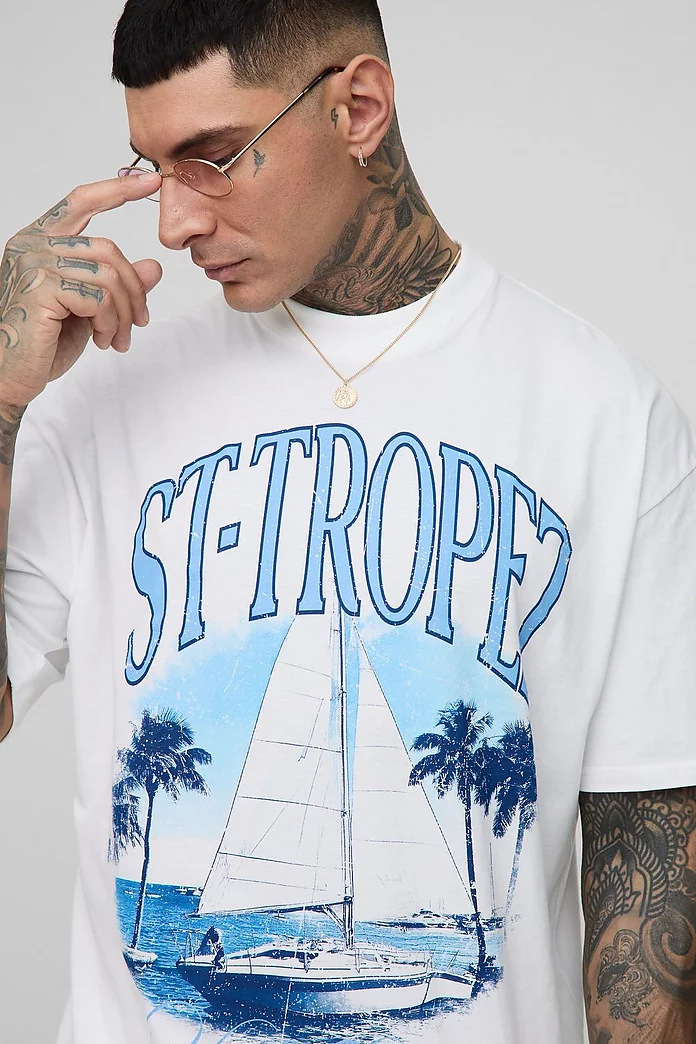 Tall Oversized Extended Neck St. Tropez Landscape Print T Tall Oversized Extended Neck St. Tropez Landscape Print T