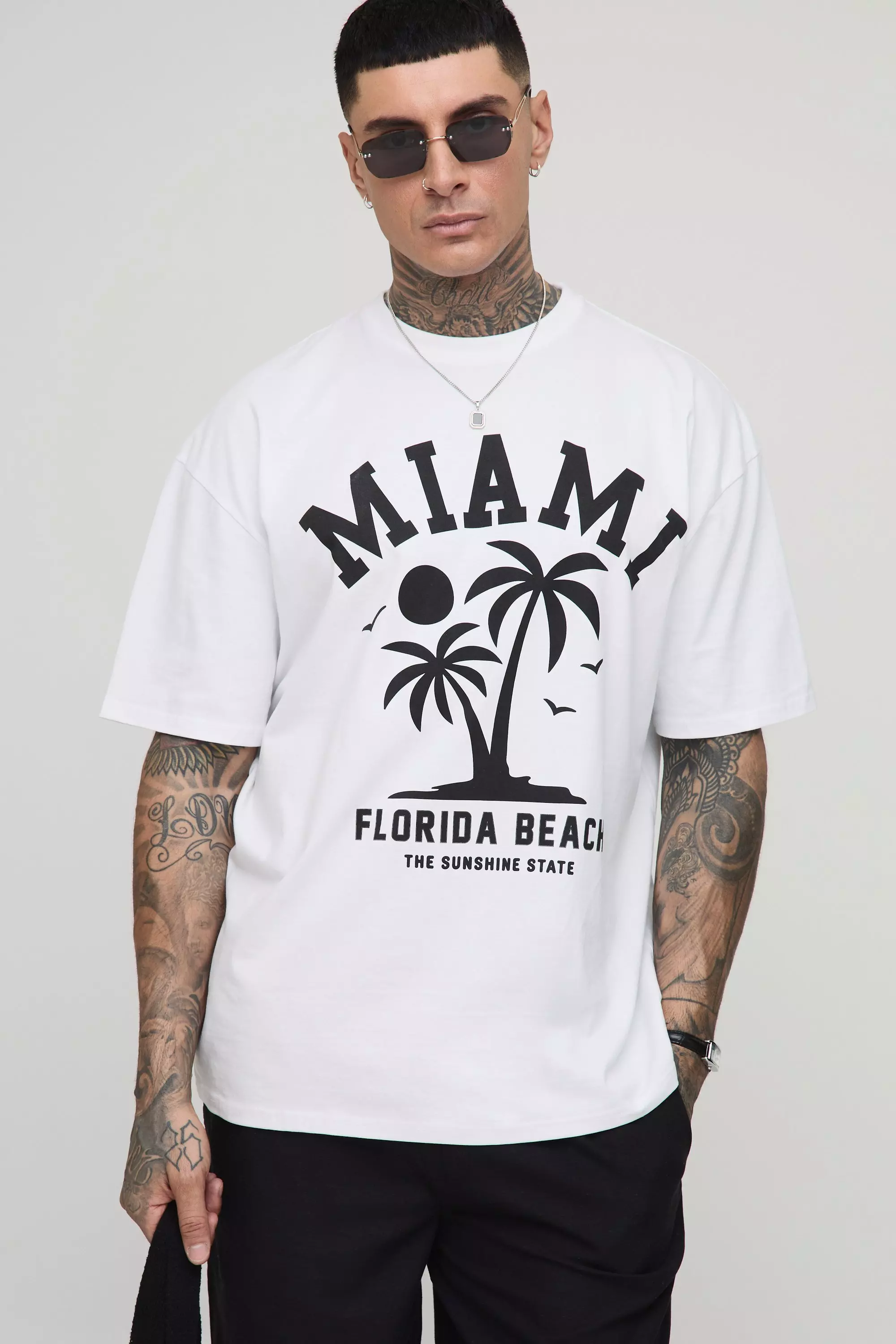 Tall Oversized Miami Palm Print T-Shirt White