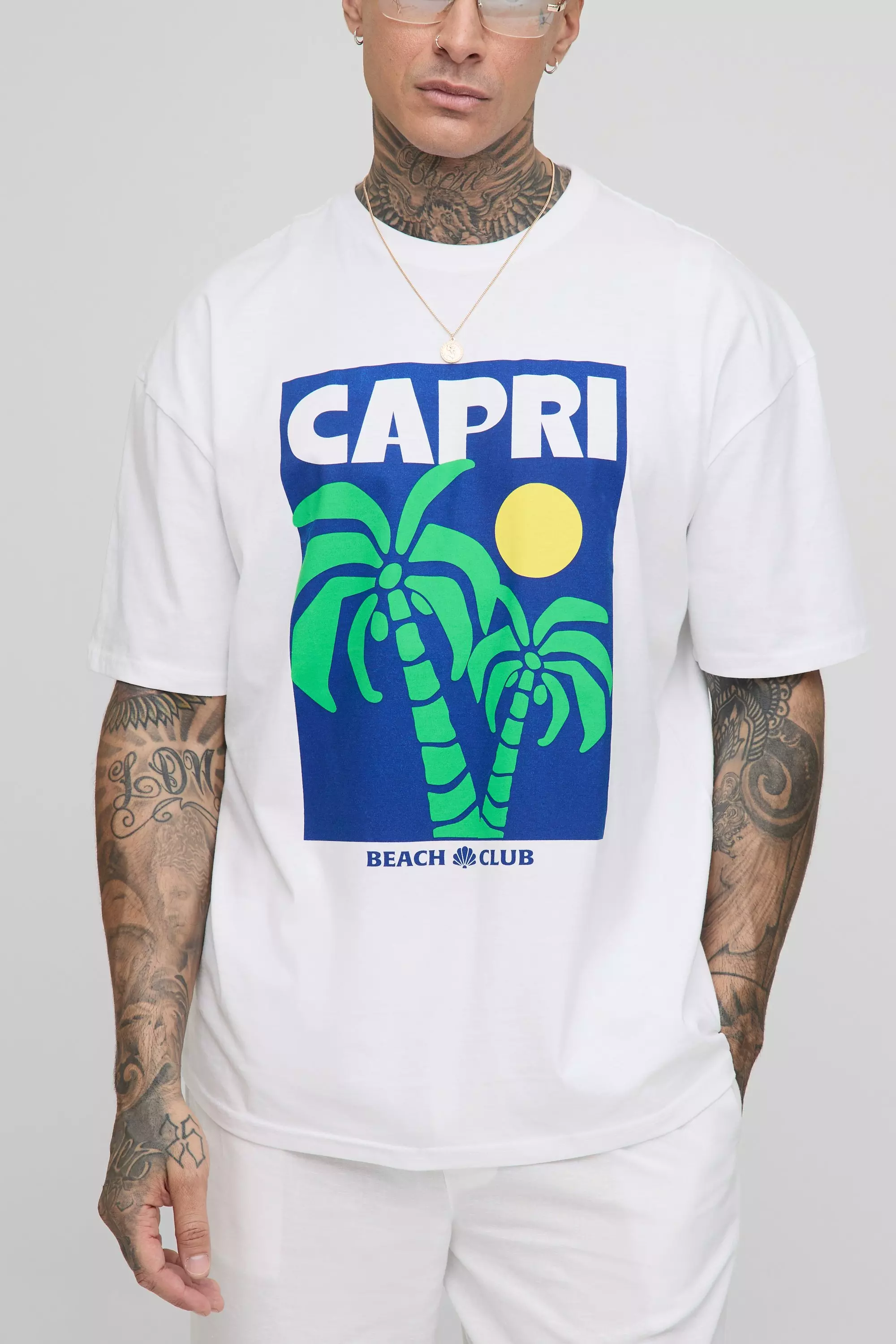Tall Oversized Capri Palm Print T-Shirt White