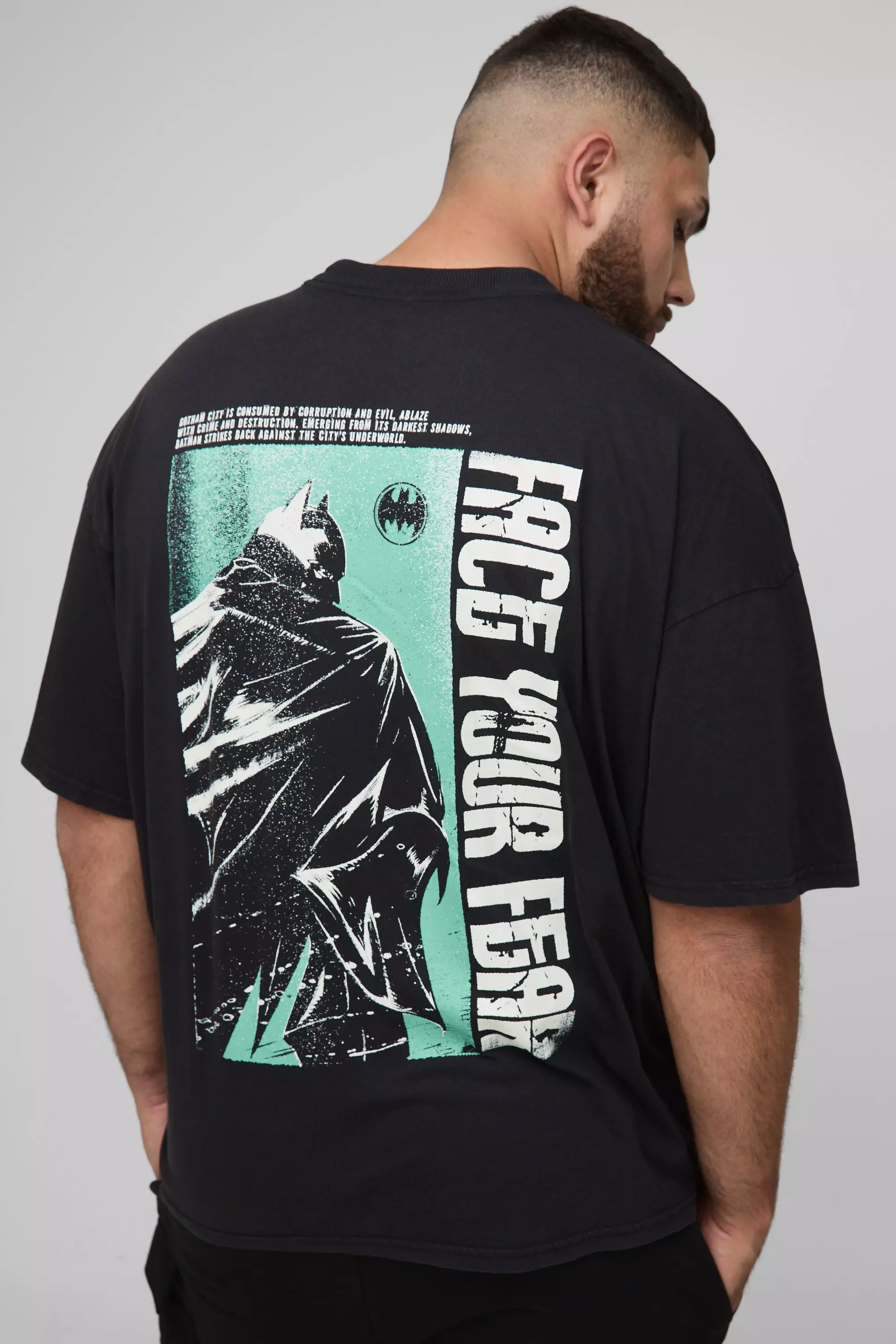 Plus Oversized Batman Acid Wash Print T-Shirt Acid wash black