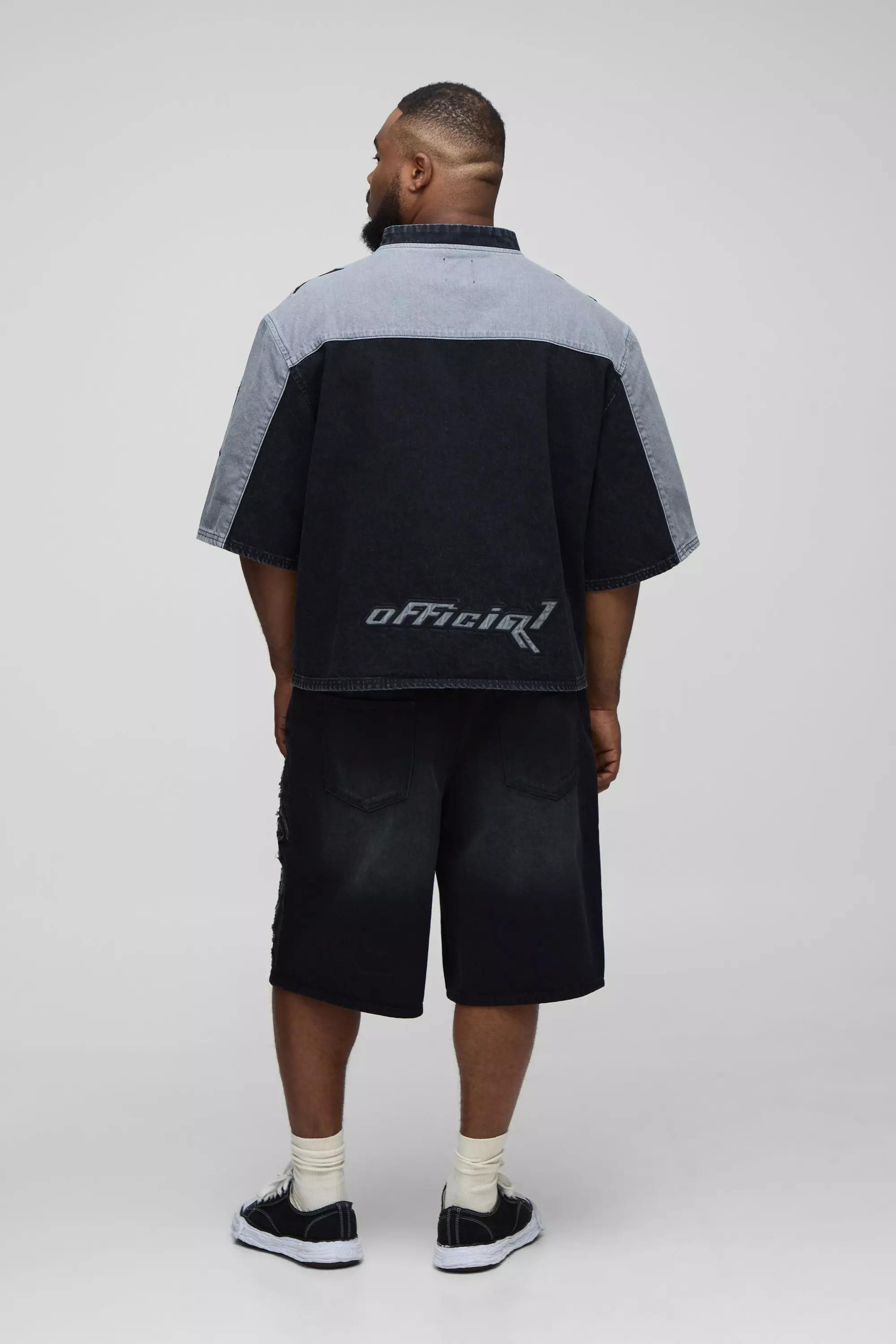 Plus Baggy Fit Distressed Graphic Applique Jorts | boohooMAN USA