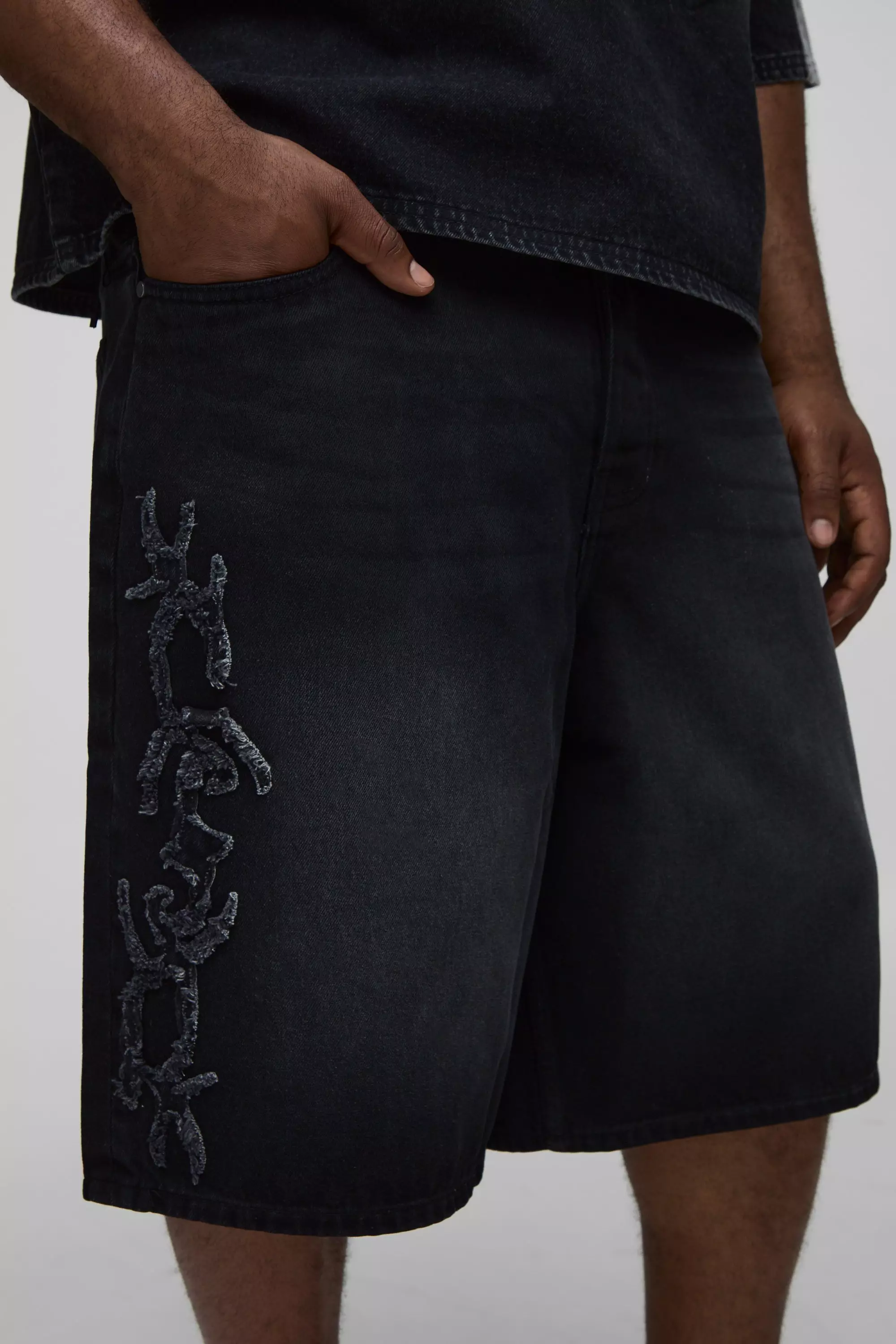Plus Baggy Fit Distressed Graphic Applique Jorts | boohooMAN USA