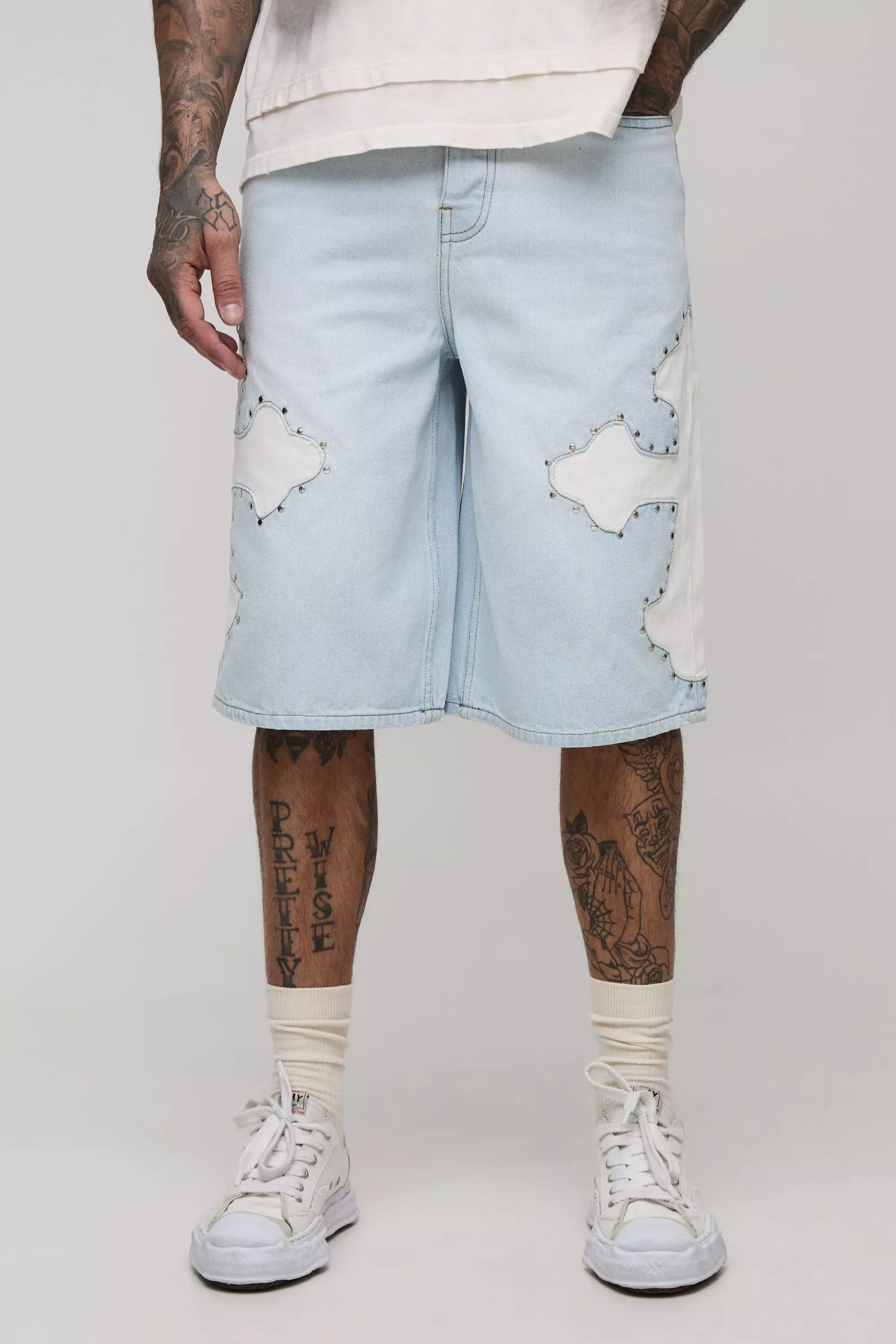 Tall Regular Fit Studded Applique Cross Jorts | boohooMAN USA