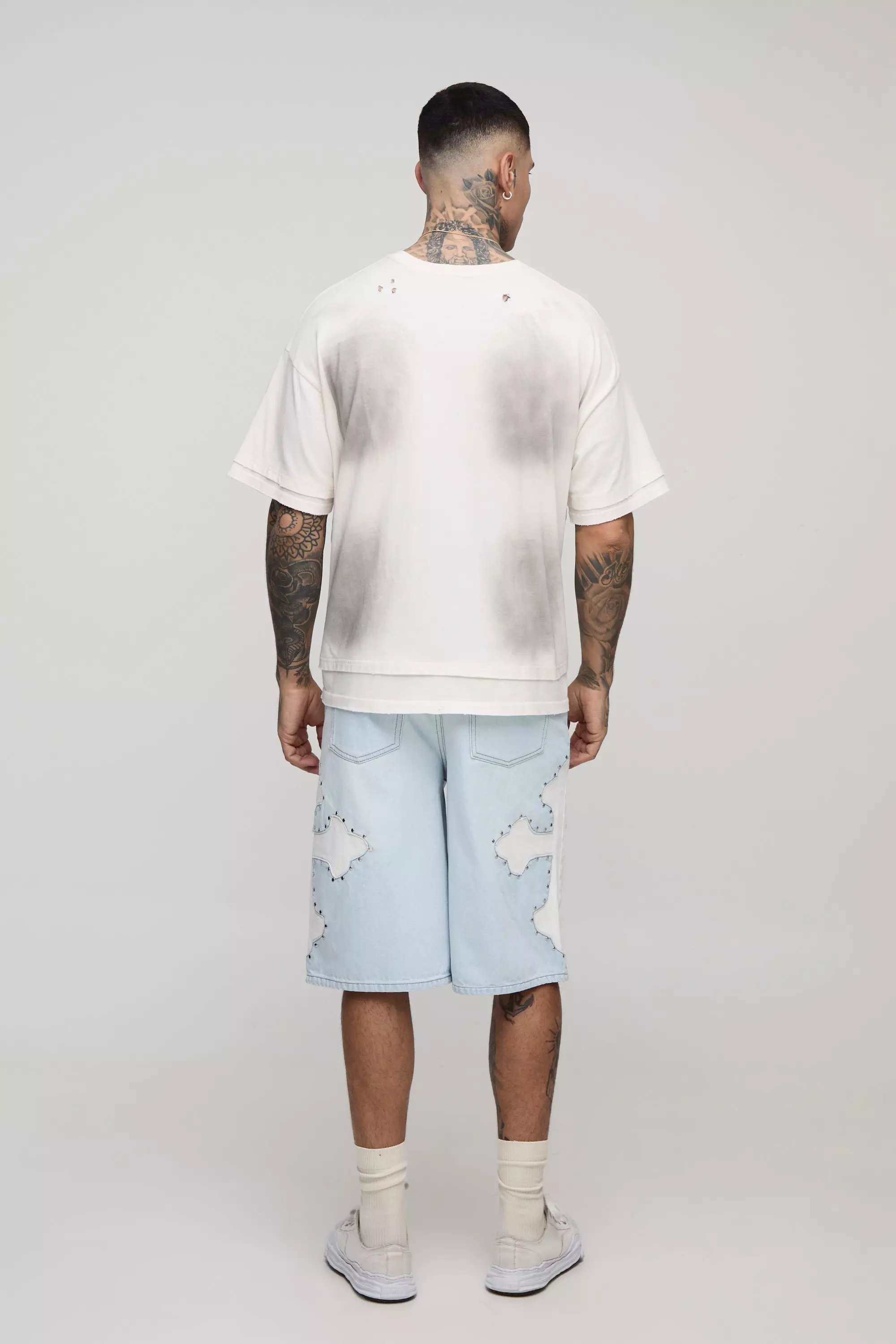 Tall Regular Fit Studded Applique Cross Jorts | boohooMAN USA
