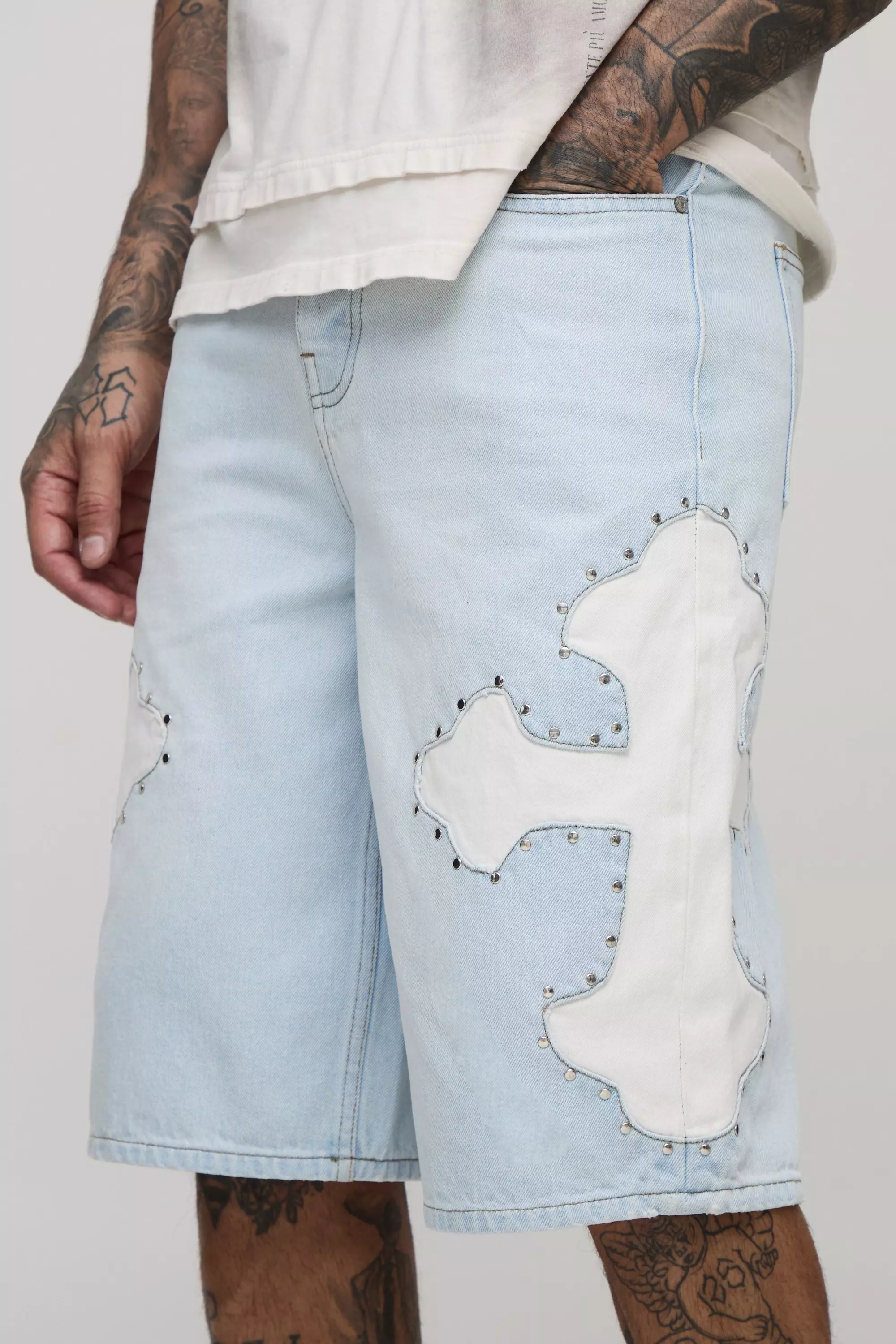 Tall Regular Fit Studded Applique Cross Jorts | boohooMAN USA