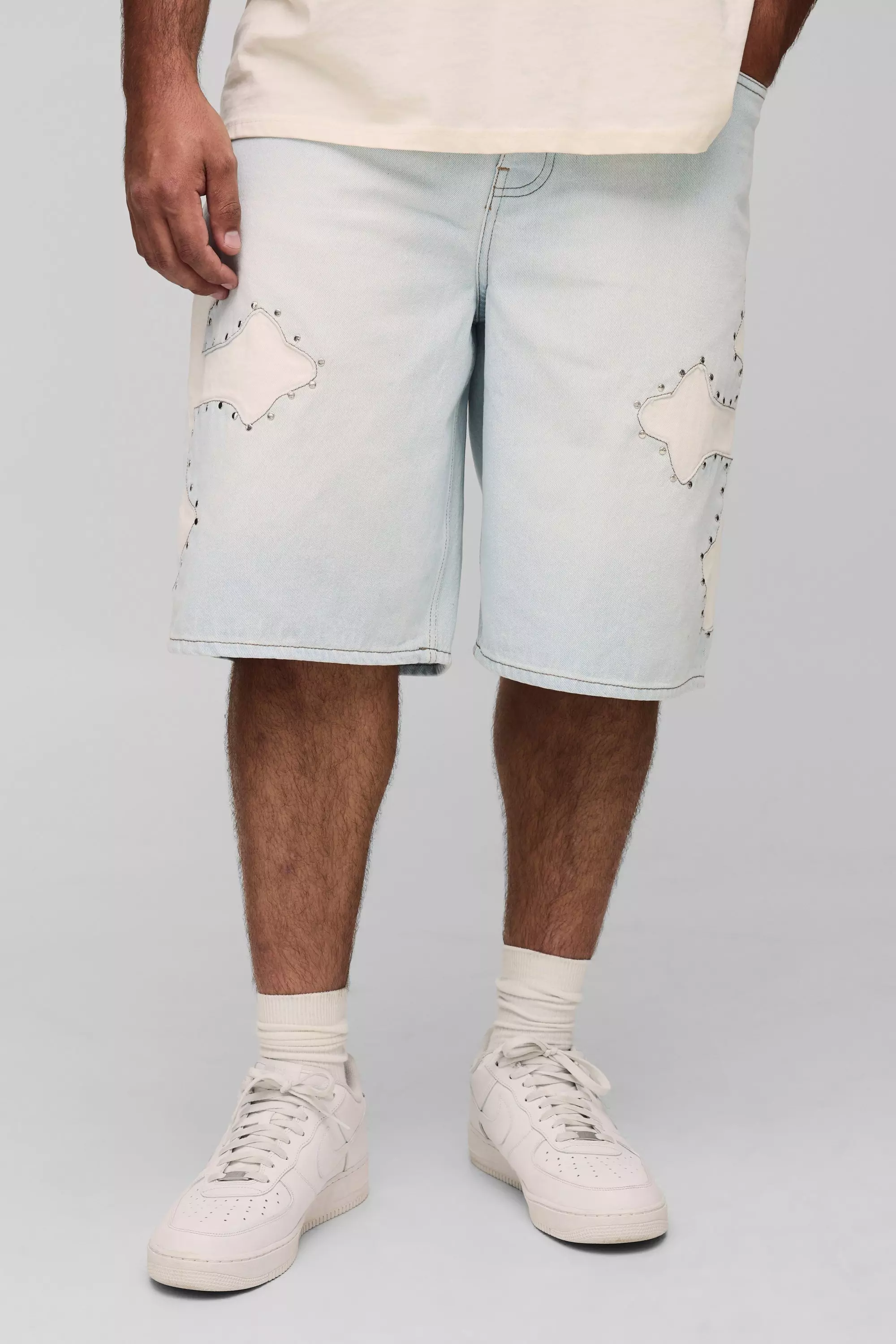 Plus Regular Fit Studded Applique Cross Jorts | boohooMAN USA