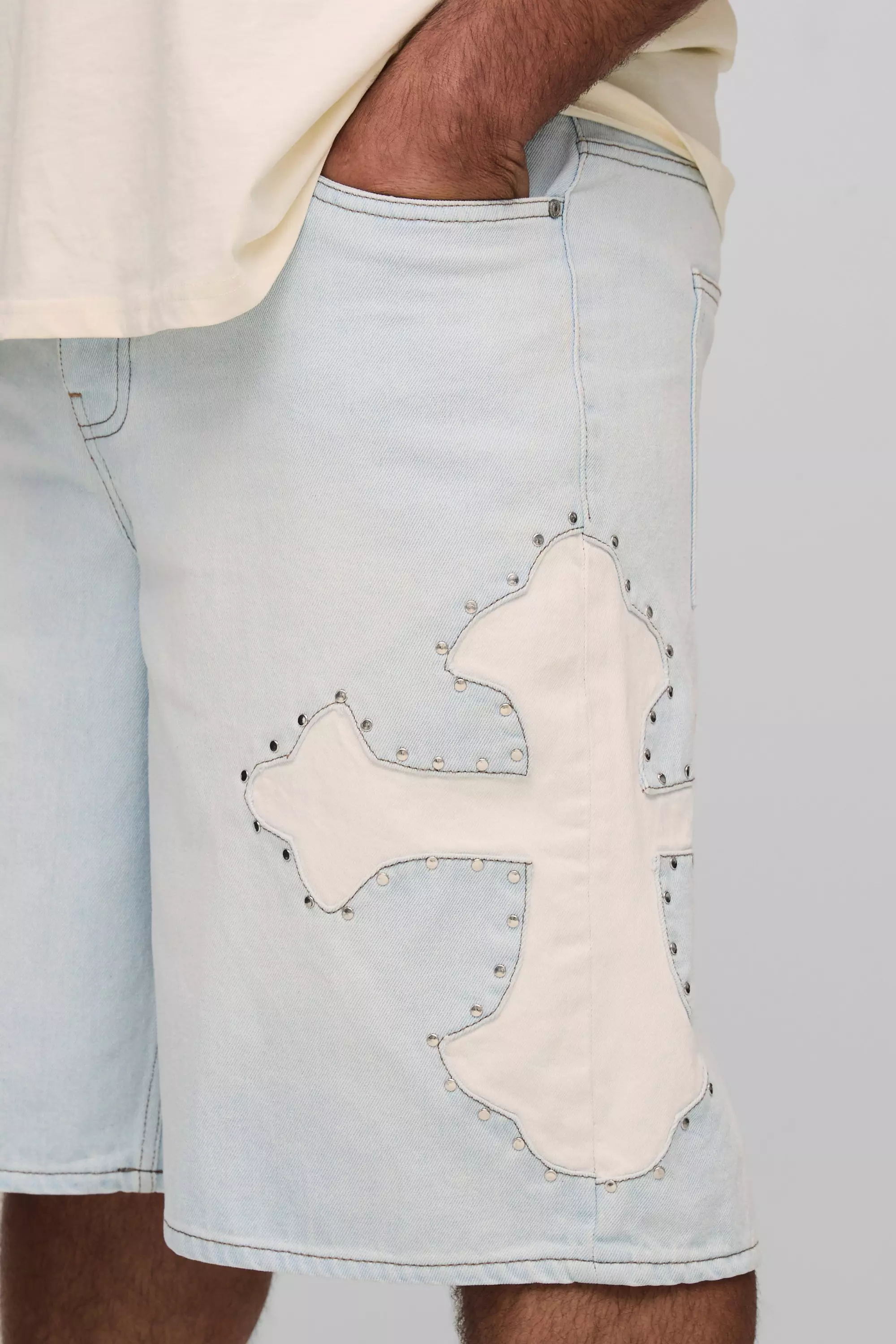 Plus Regular Fit Studded Applique Cross Jorts | boohooMAN USA