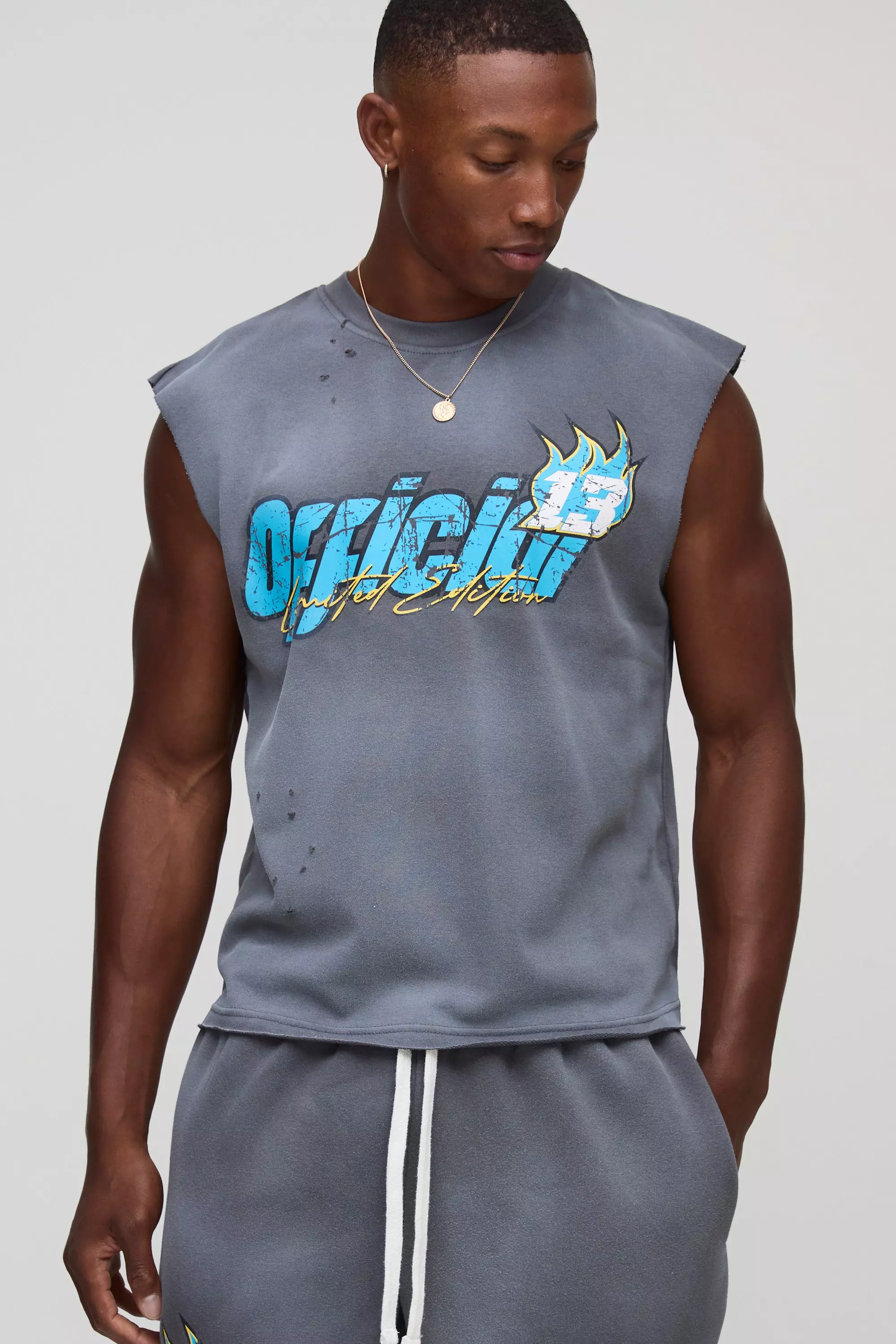 Shrunken Boxy Moto Graphic Washed Distressed Tank | boohooMAN USA