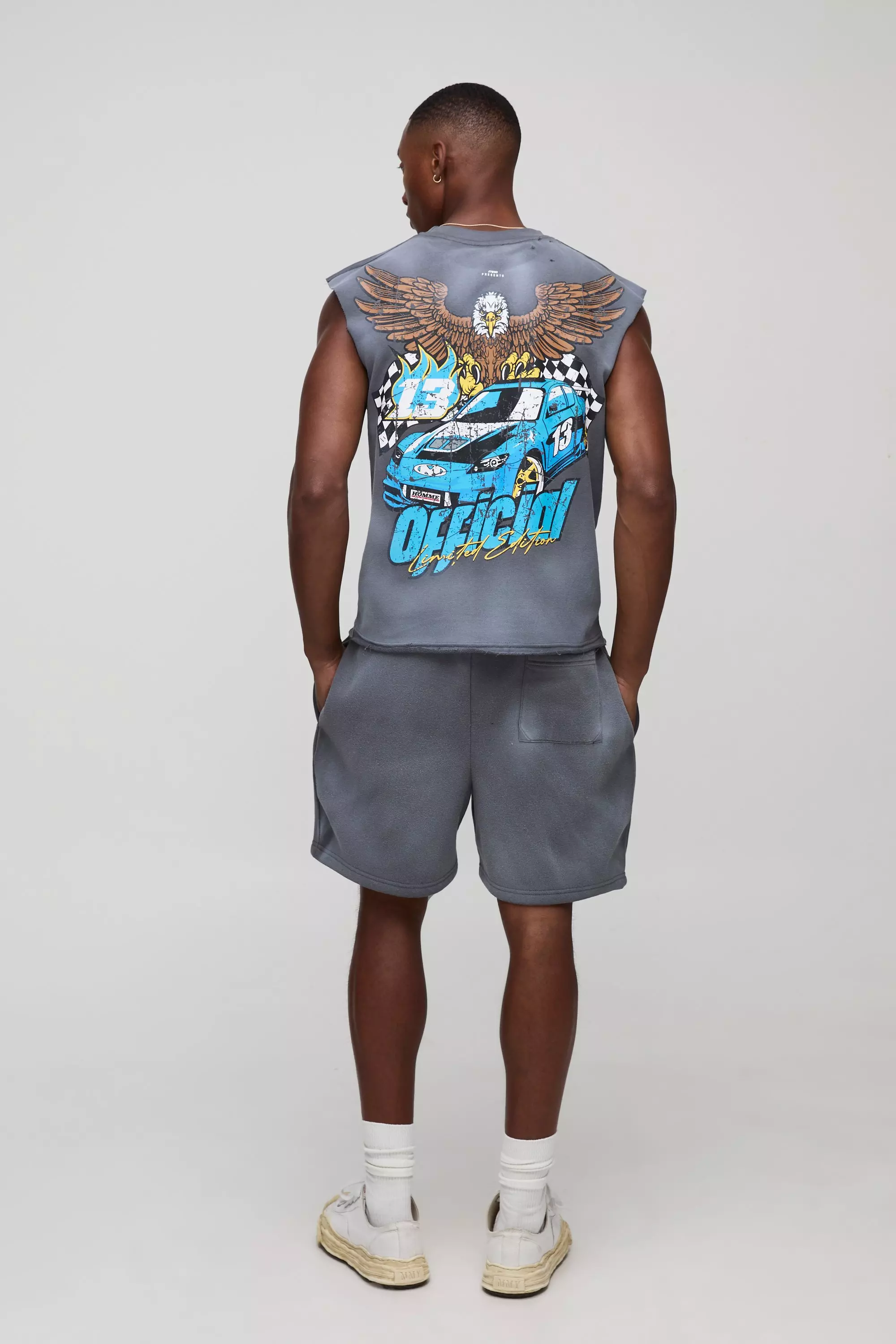 Relaxed Moto Graphic Washed Shorts | boohooMAN USA