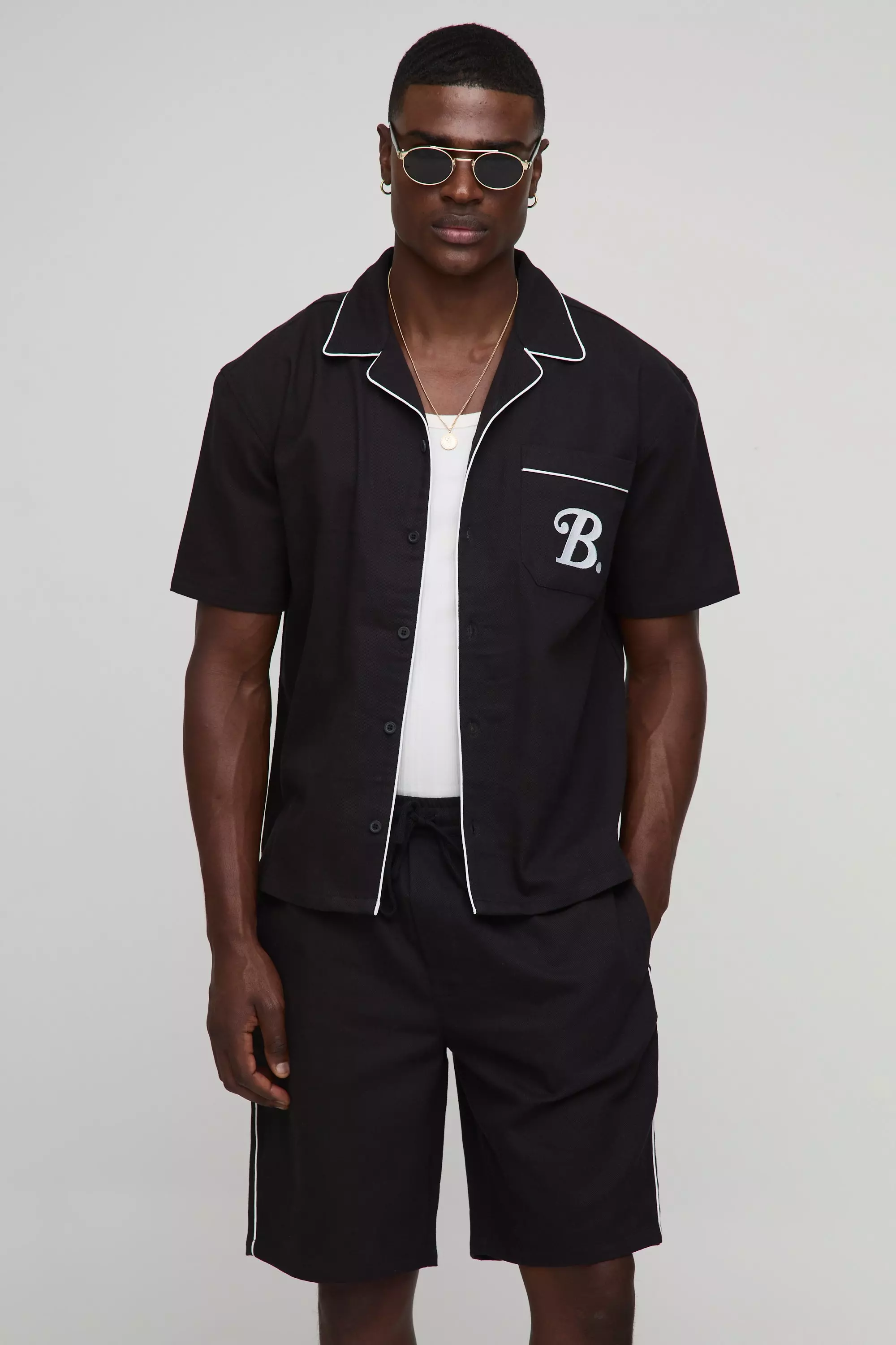 Oversized Pocket Detail Twill Shirt & Short Set Black