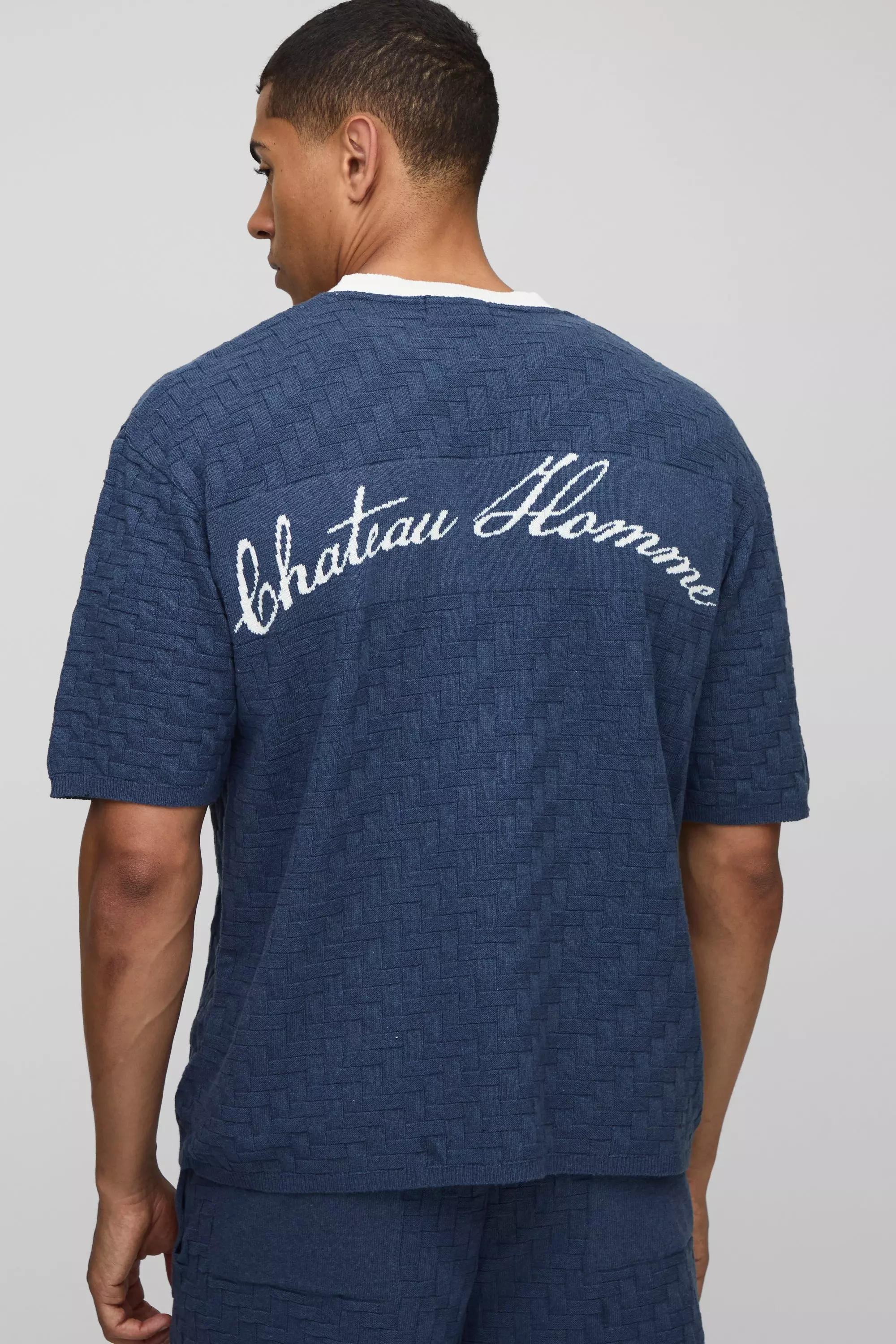 MAN Boxy Embroidered Cross Hatch Knitted T-Shirt Navy