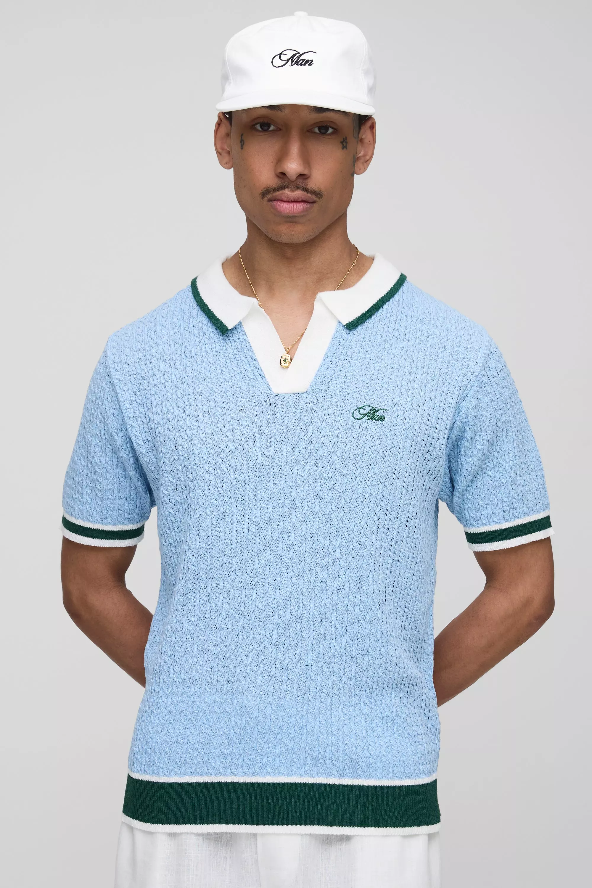 Man Embroidered Cable Knitted Polo | boohooMAN USA
