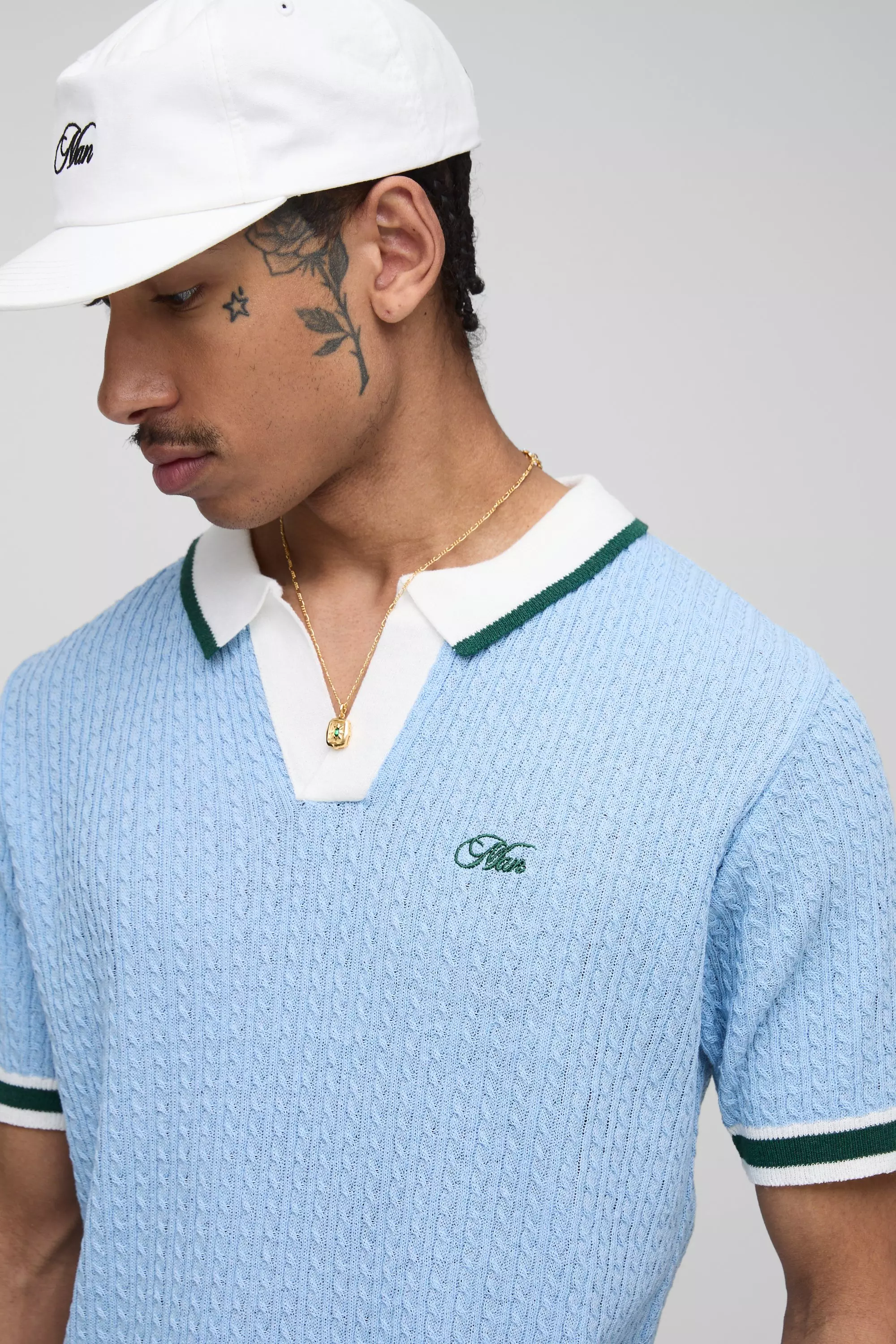 Man Embroidered Cable Knitted Polo | boohooMAN USA