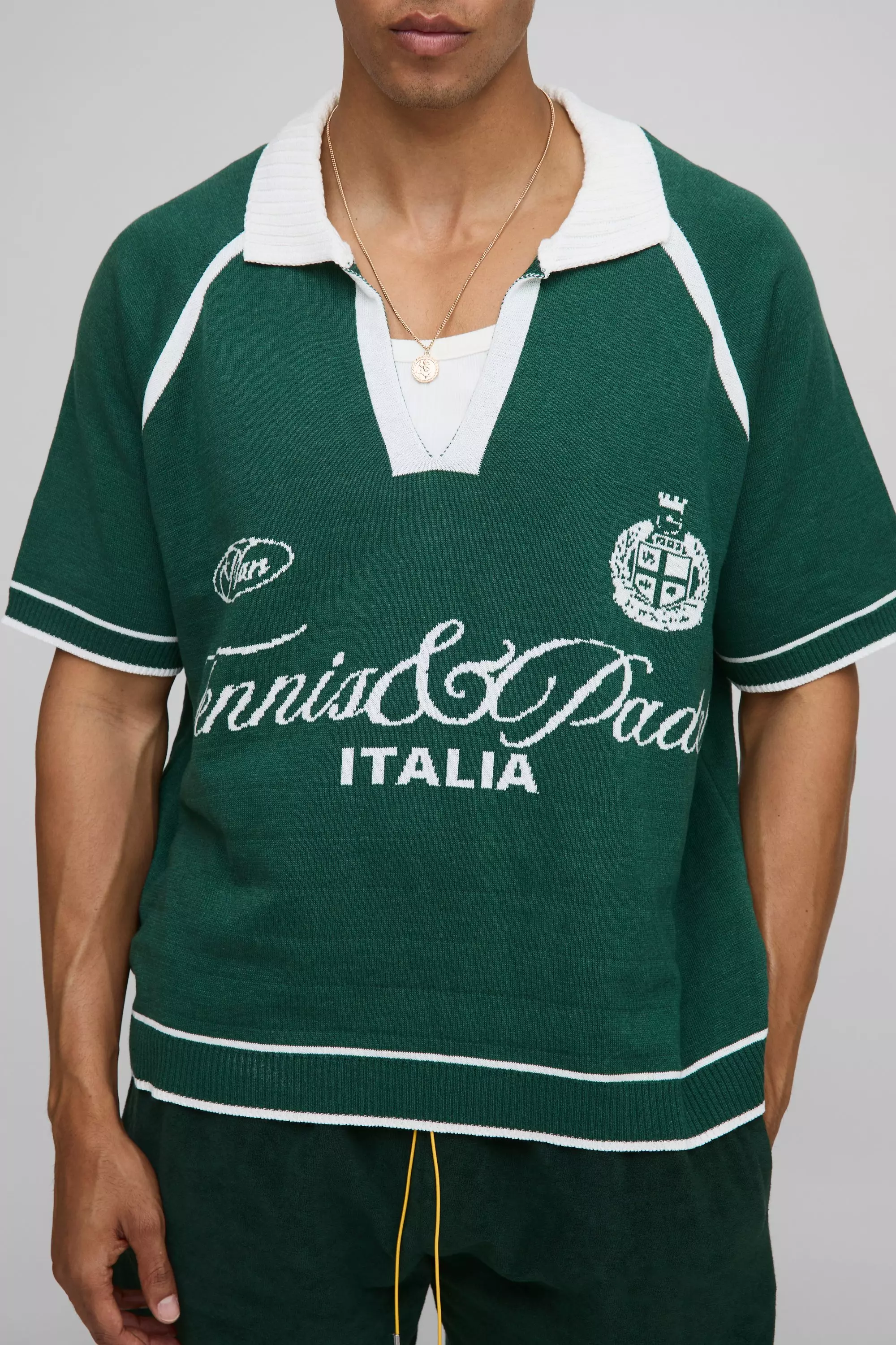Boxy V Neck Raglan Varsity Knitted Polo Forest