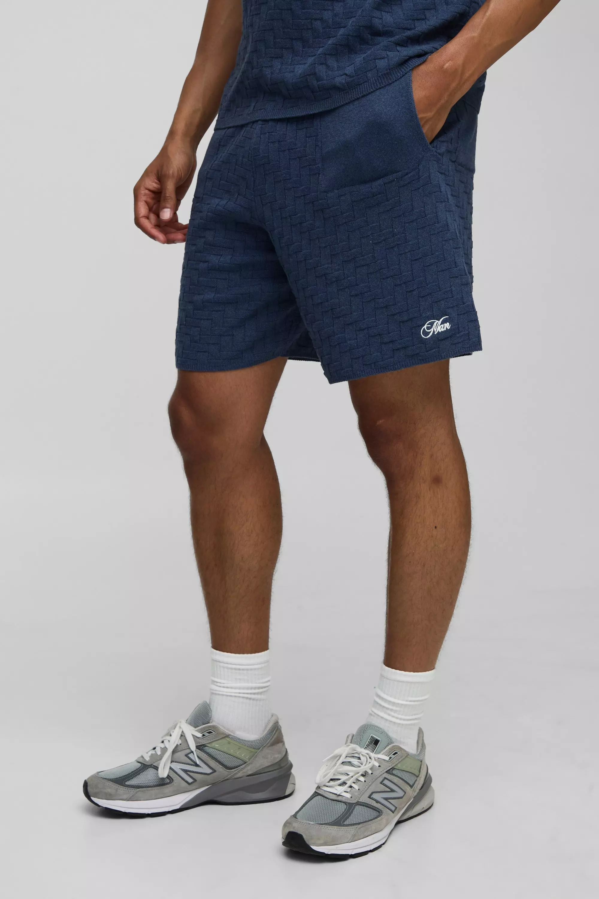 MAN Relaxed Cross Hatch Embroidered Knitted Shorts Navy