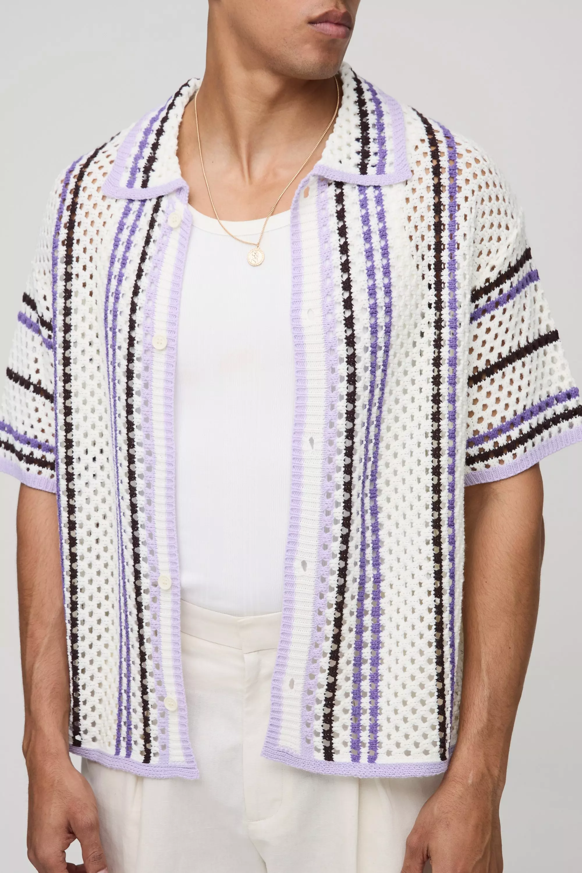 Oversized Boxy Open Knit Stripe Shirt Purple