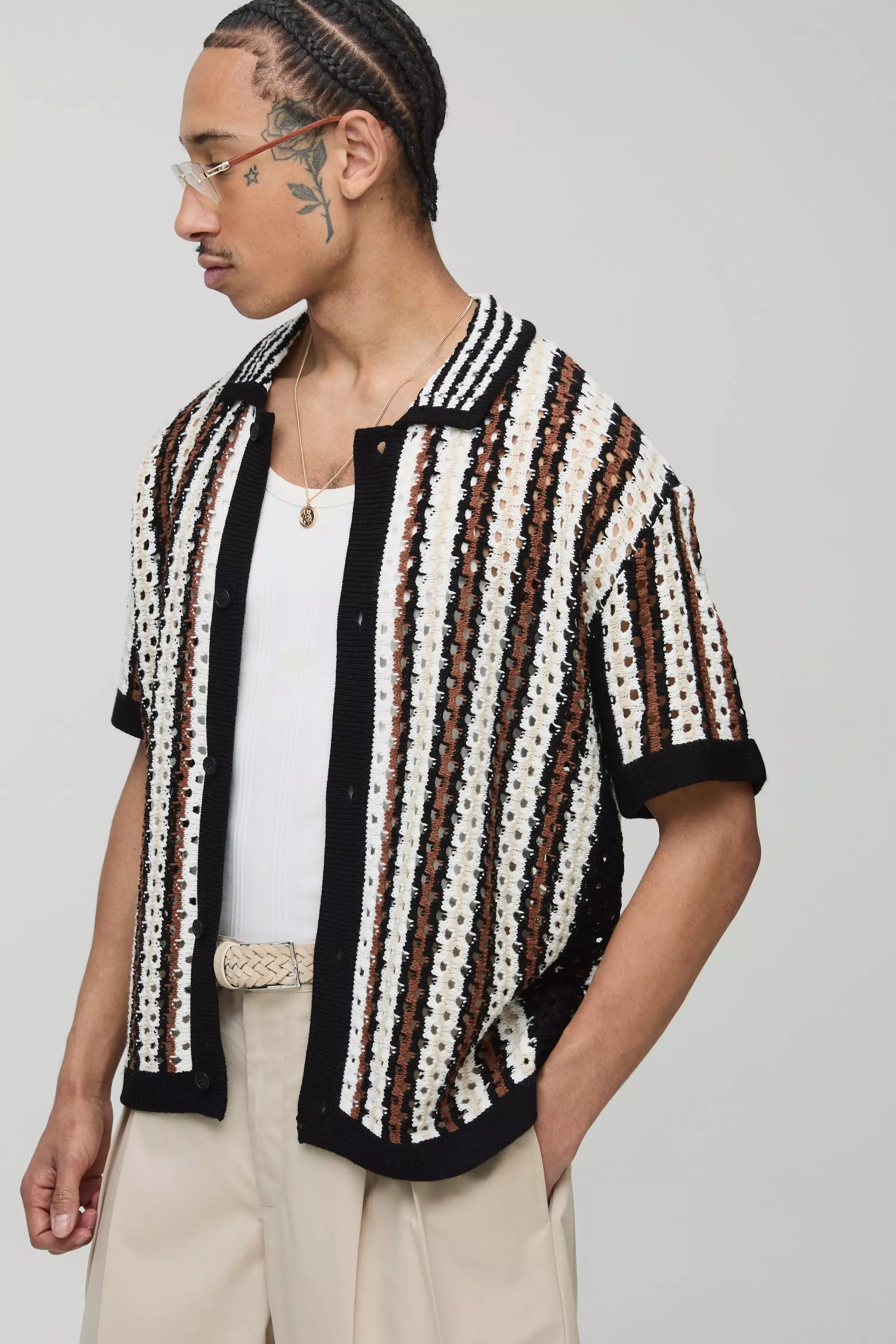 Oversized Boxy Open Knit Stripe Shirt Chocolate