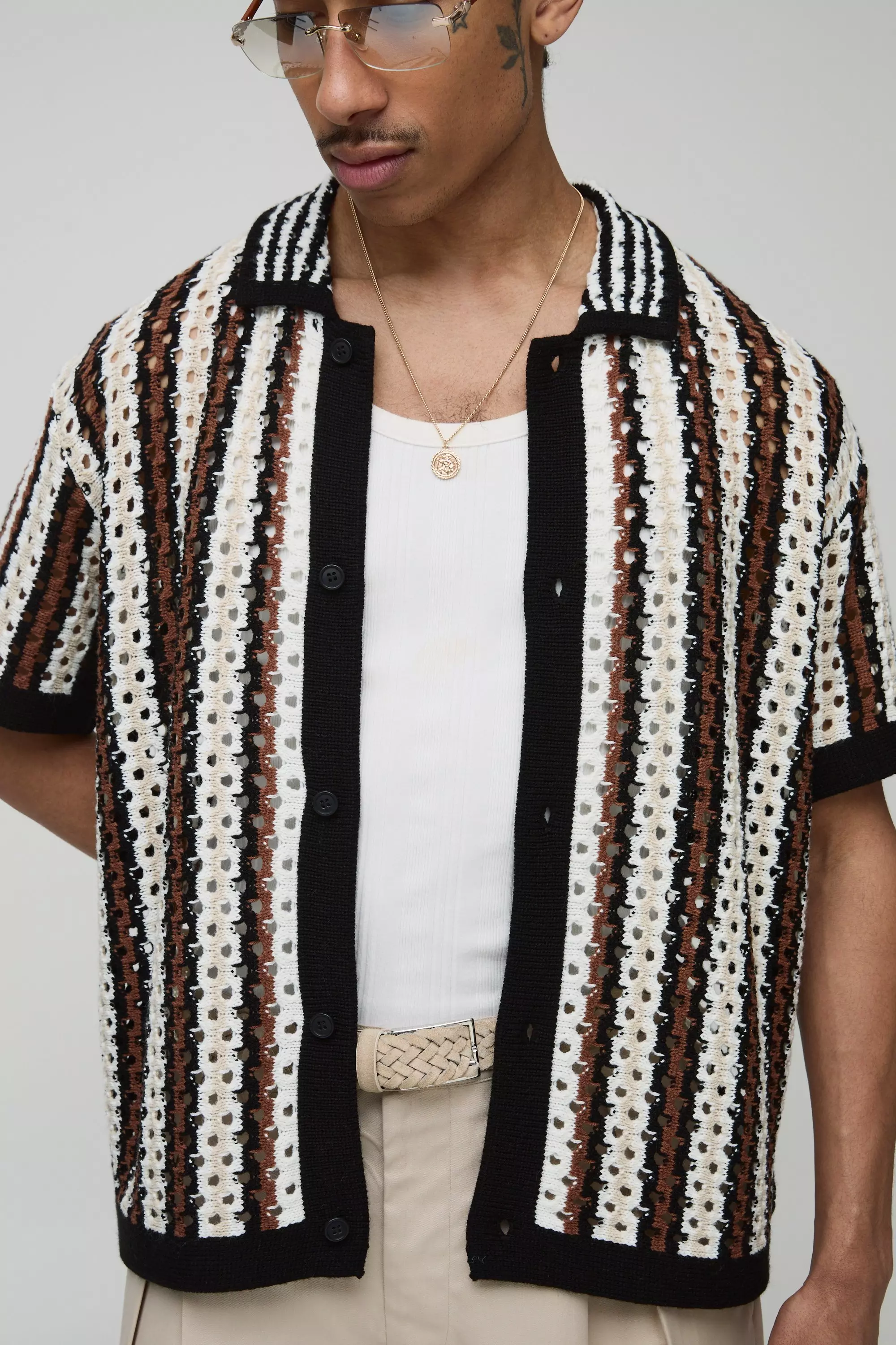 【boohoo】Relaxed Fit Striped Hem Open Stitch Knitted Shirt Shirts | Relaxed Fit Striped Hem Open Stitch Knitted Shirt