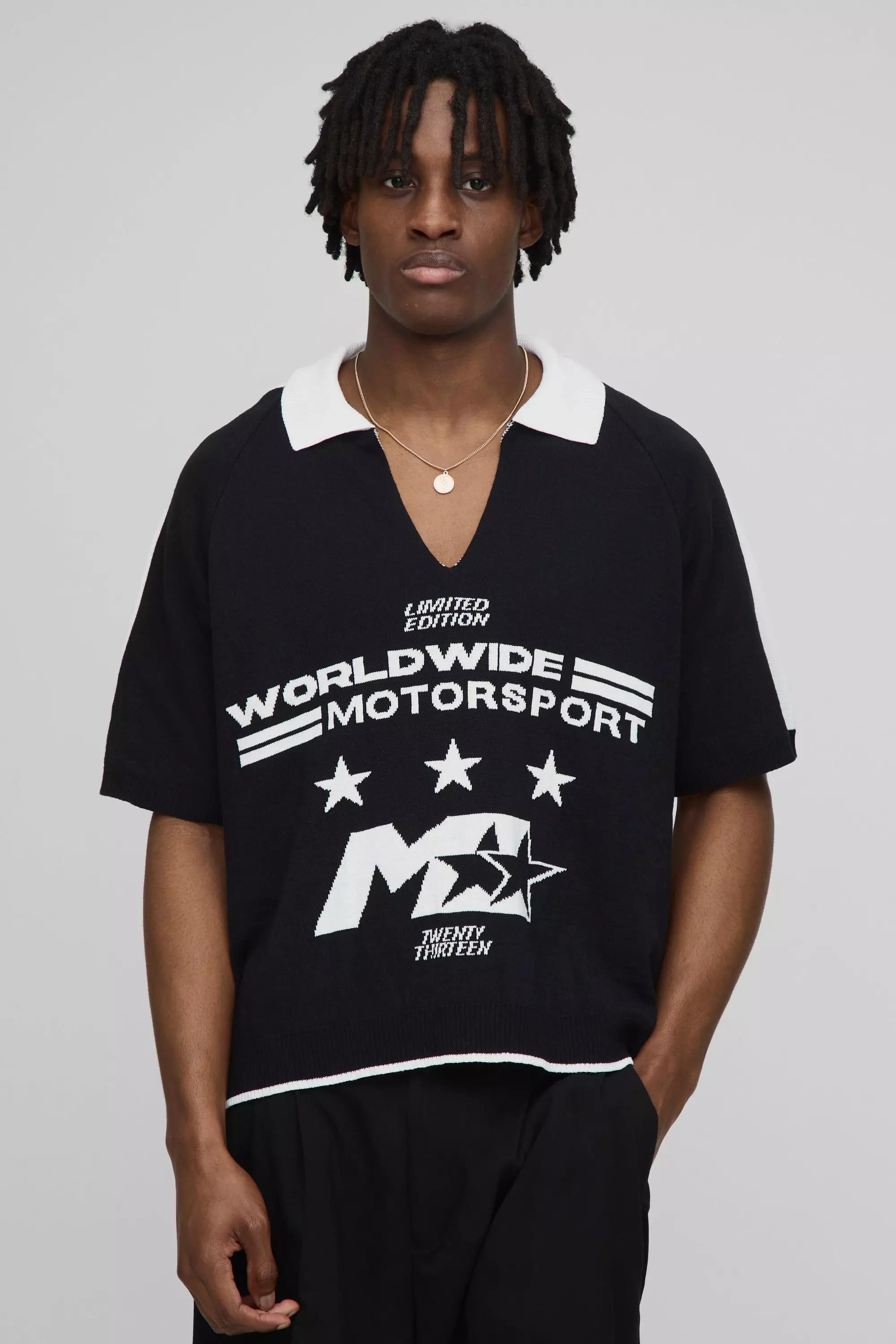 Worldwide Oversized Boxy Moto Jacquard Knitted Polo Black
